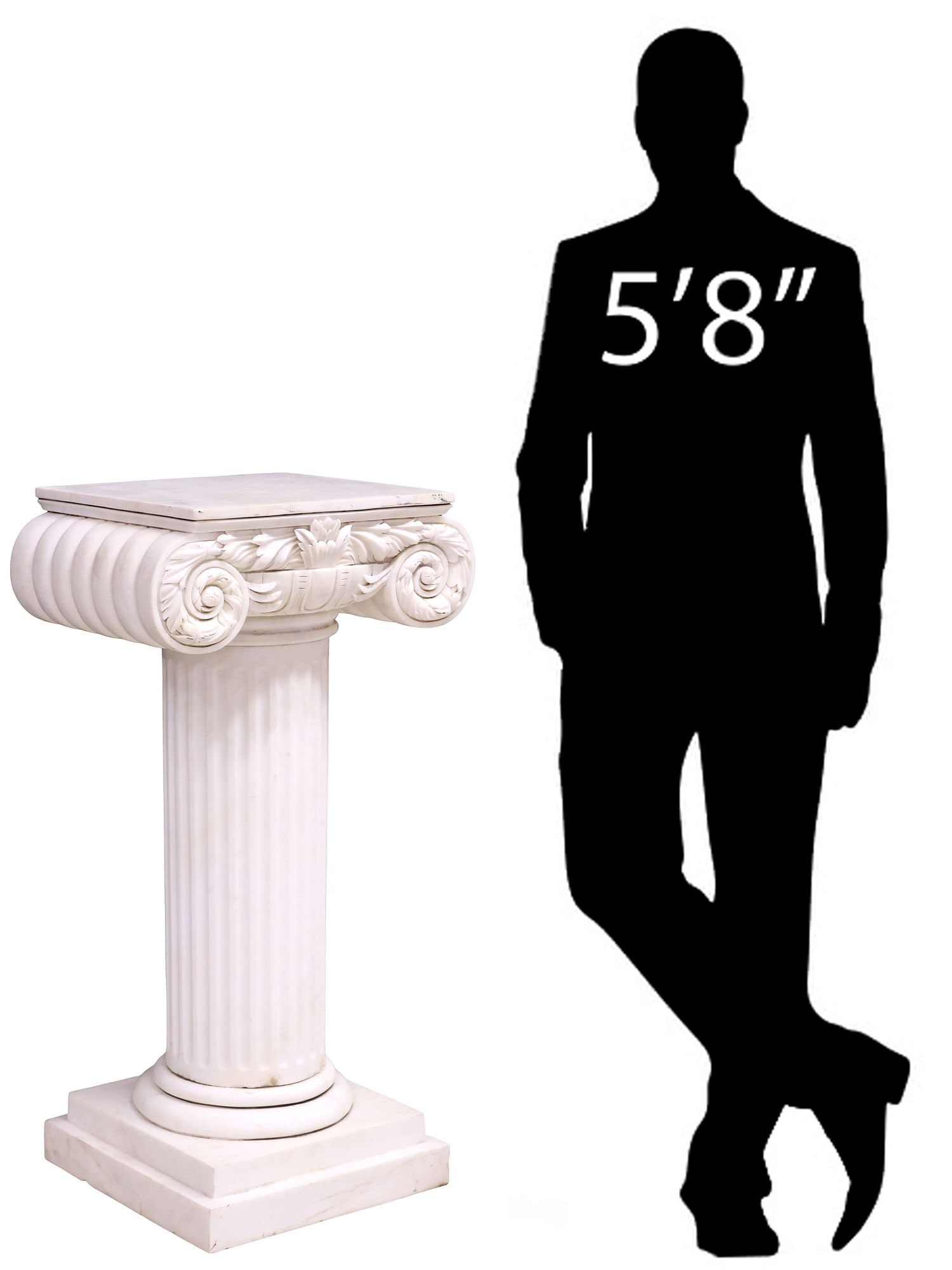 CLASSICAL STYLE FLUTED MARBLE COLUMN / DISPLAY PEDESTAL, 41"H: Classical style carved marble display pedestal, having scrolled capital on fluted column, ending on square plinth, column: approx 27.25"h, 10.5"diam, capital: approx 7.75"h, 21.5"w, 16"d, overall: app