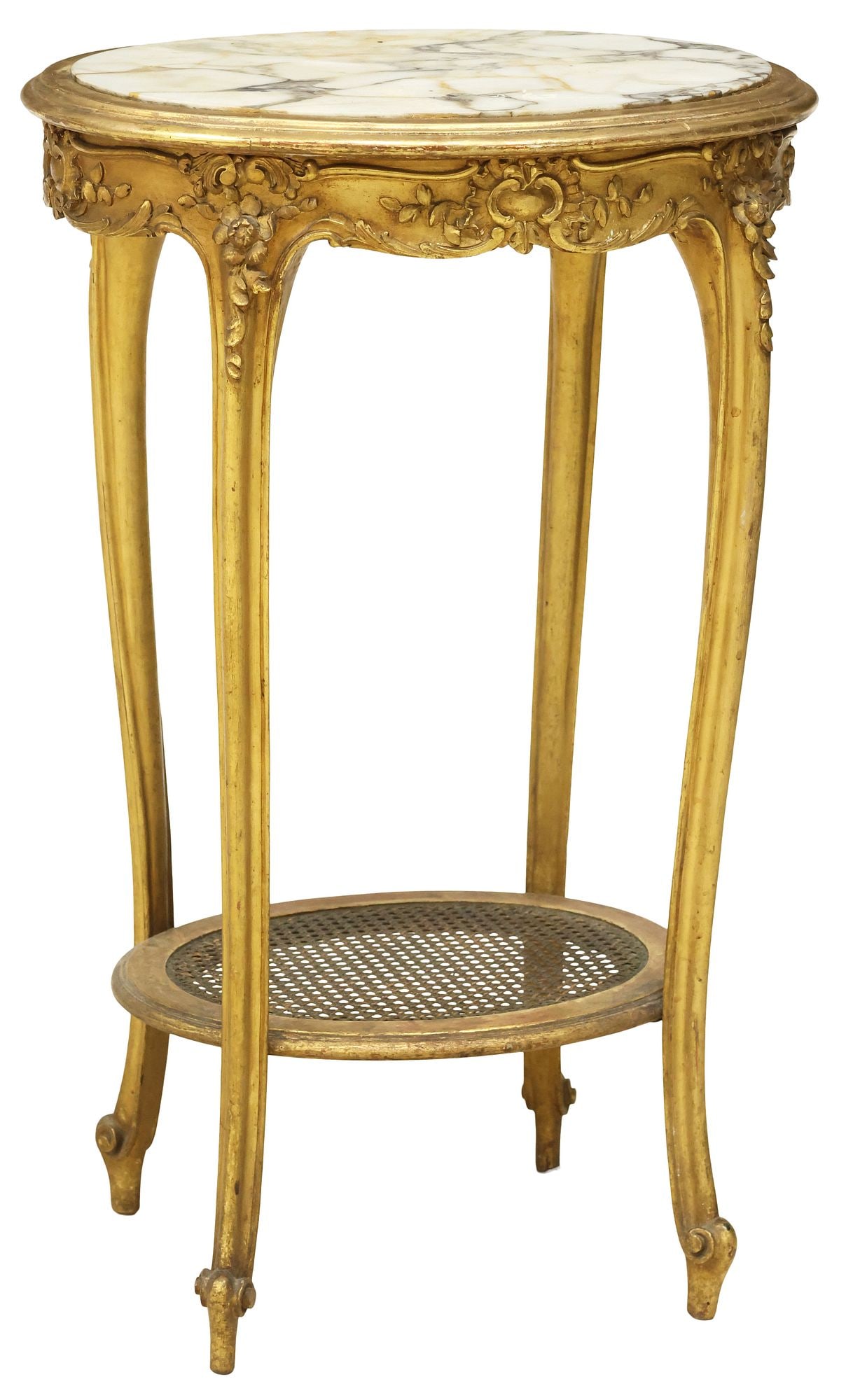 FRENCH LOUIS XV STYLE MARBLE-TOP GILTWOOD SIDE TABLE: French Louis XV style giltwood side table, early 20th, having ovular inset marble top, over scrolled and foliate apron, rising on tapered cabriole legs joined by caned medial shelf, ending on whorl fe