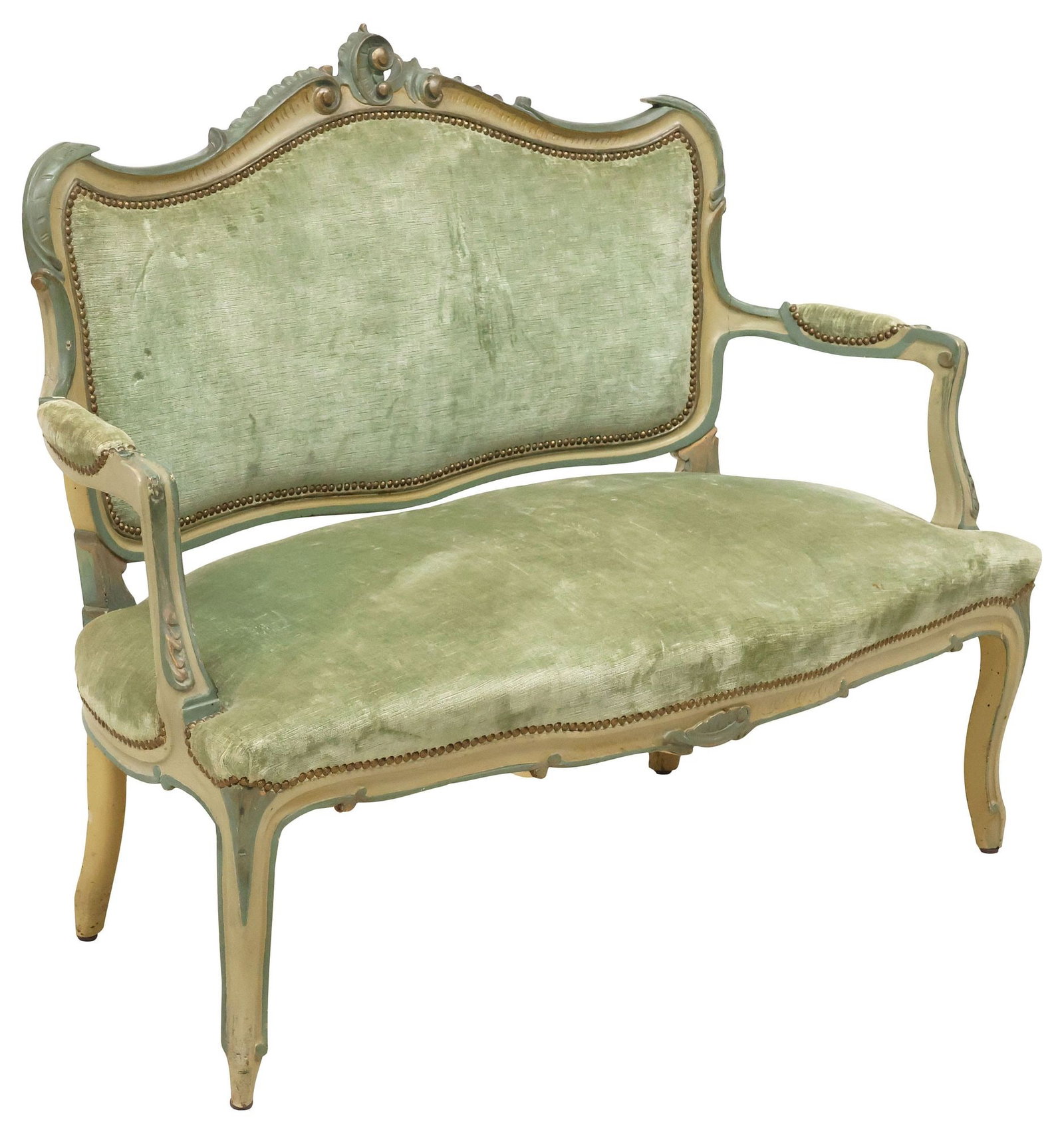 FRENCH LOUIS XV STYLE PAINTED & UPHOLSTERED SALON SETTEE (1 of 4)