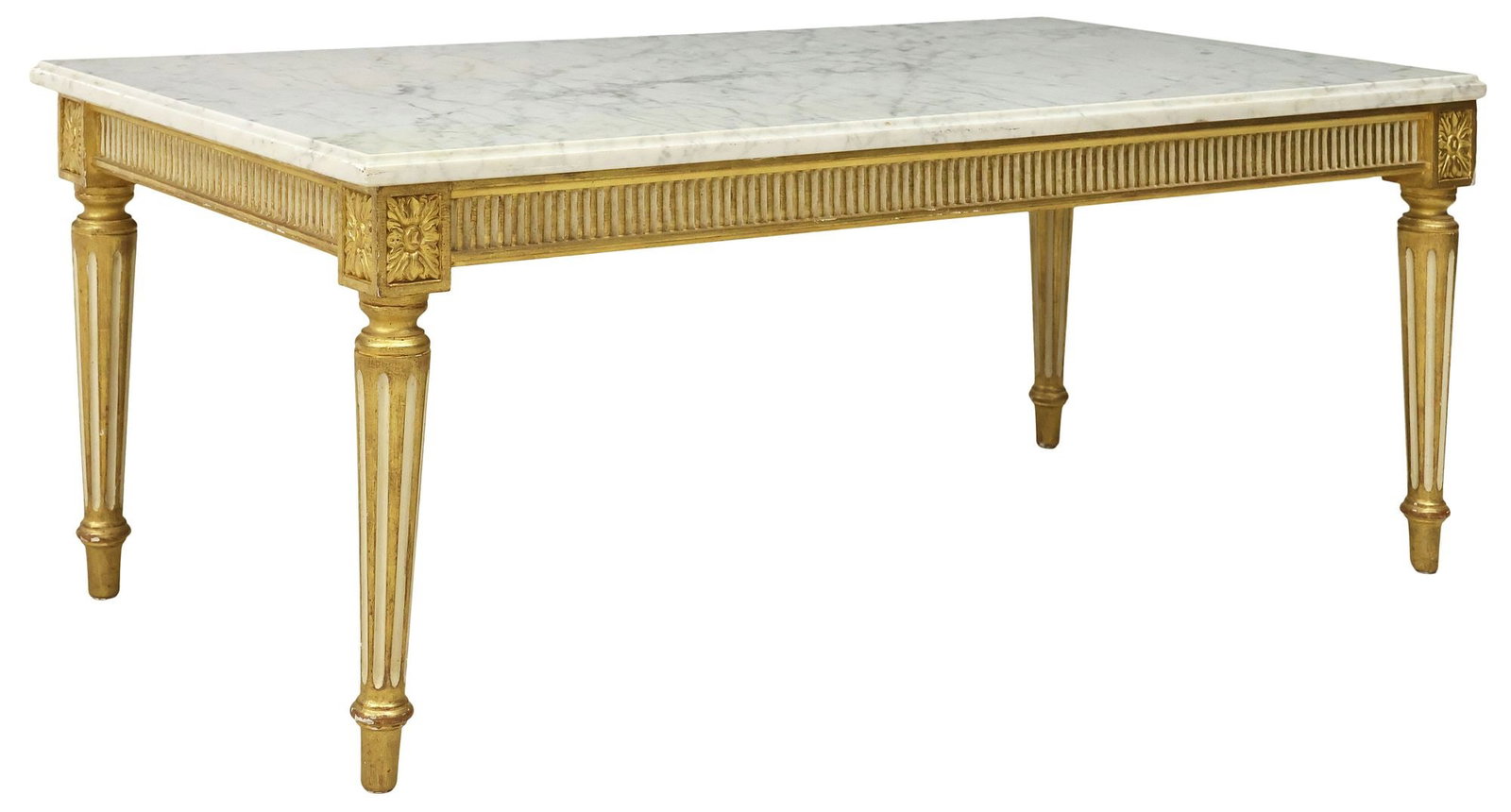FRENCH LOUIS XVI STYLE PARCEL-GILT & PAINTED MARBLE-TOP COFFEE TABLE: French Louis XVI style parcel-giltwood and paint-decorated coffee table, 20th c., having rectangular marble top, above fluted apron, rising on tapering legs and arrow feet, approx 17.25"h, 41"w, 21.25