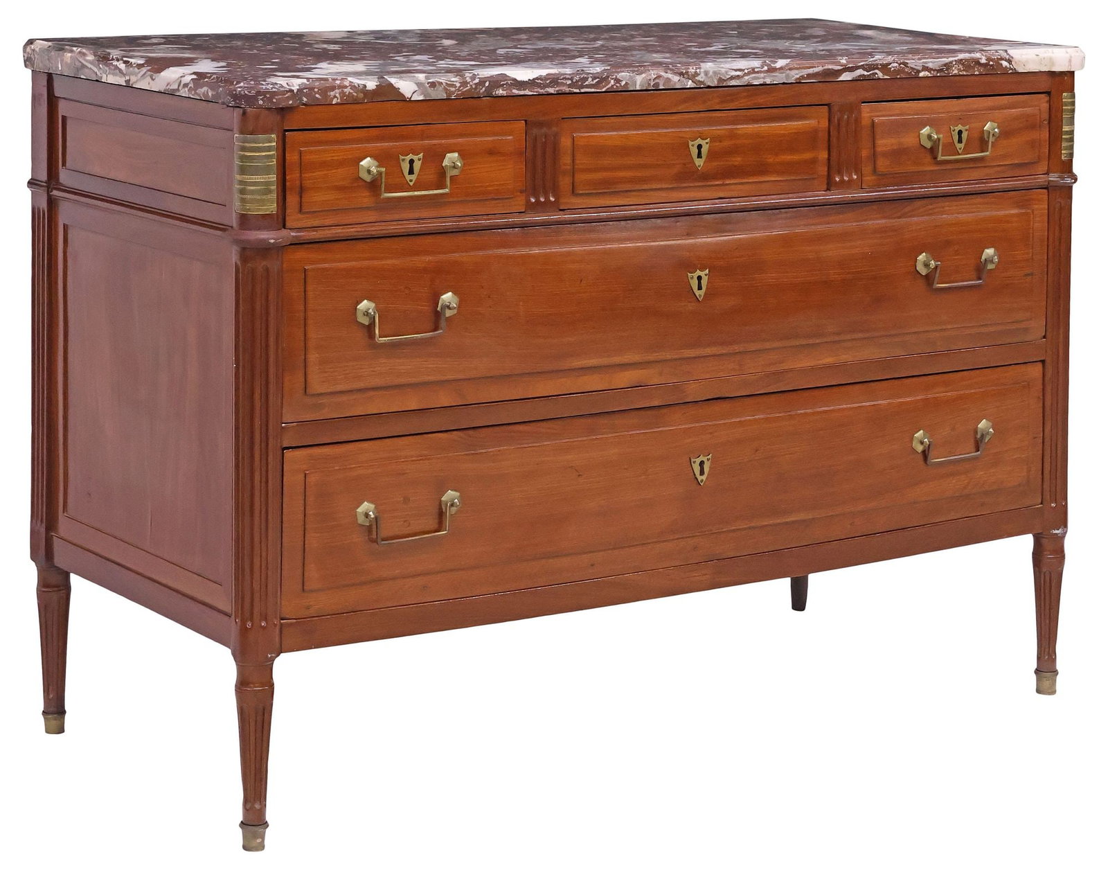 FRENCH LOUIS XVI STYLE MARBLE-TOP MAHOGANY COMMODE: French Louis XVI style mahogany commode, late 19th c., molded-edge marble top, above three frieze drawers, and two long drawers, flanked by fluted corner posts, rising on tapering legs and brass cap f