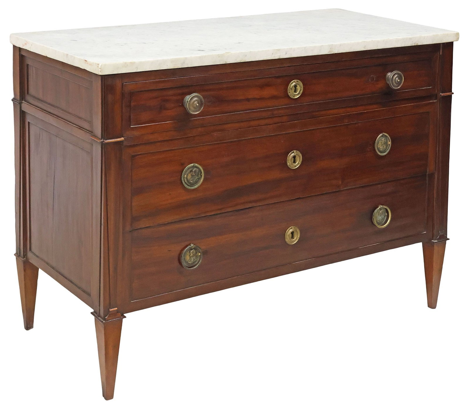 FRENCH LOUIS XVI STYLE MARBLE-TOP MAHOGANY COMMODE, 18TH / 19TH C. (1 of 5)