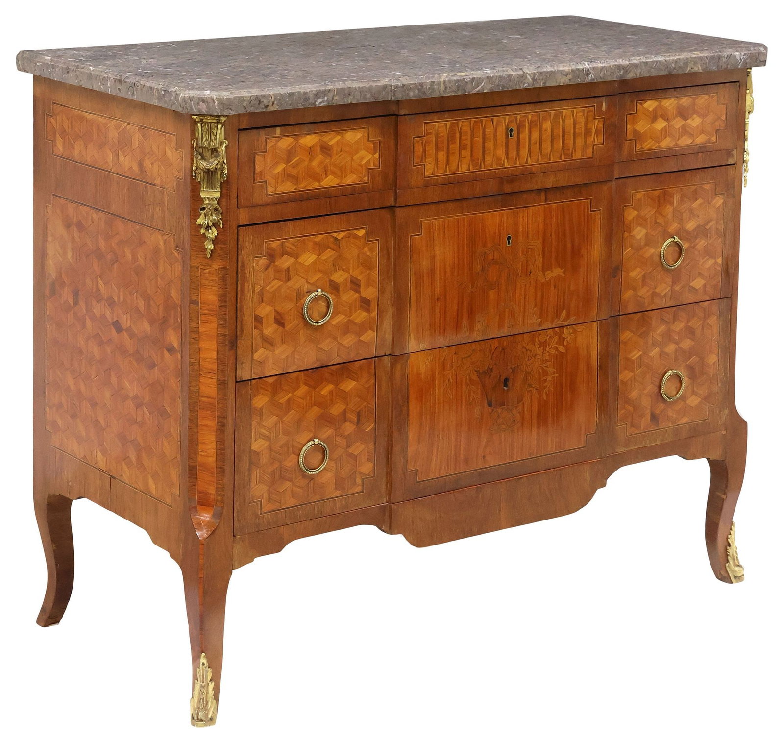 FRENCH TRANSITIONAL STYLE MARBLE-TOP PARQUETRY INLAID COMMODE (1 of 5)