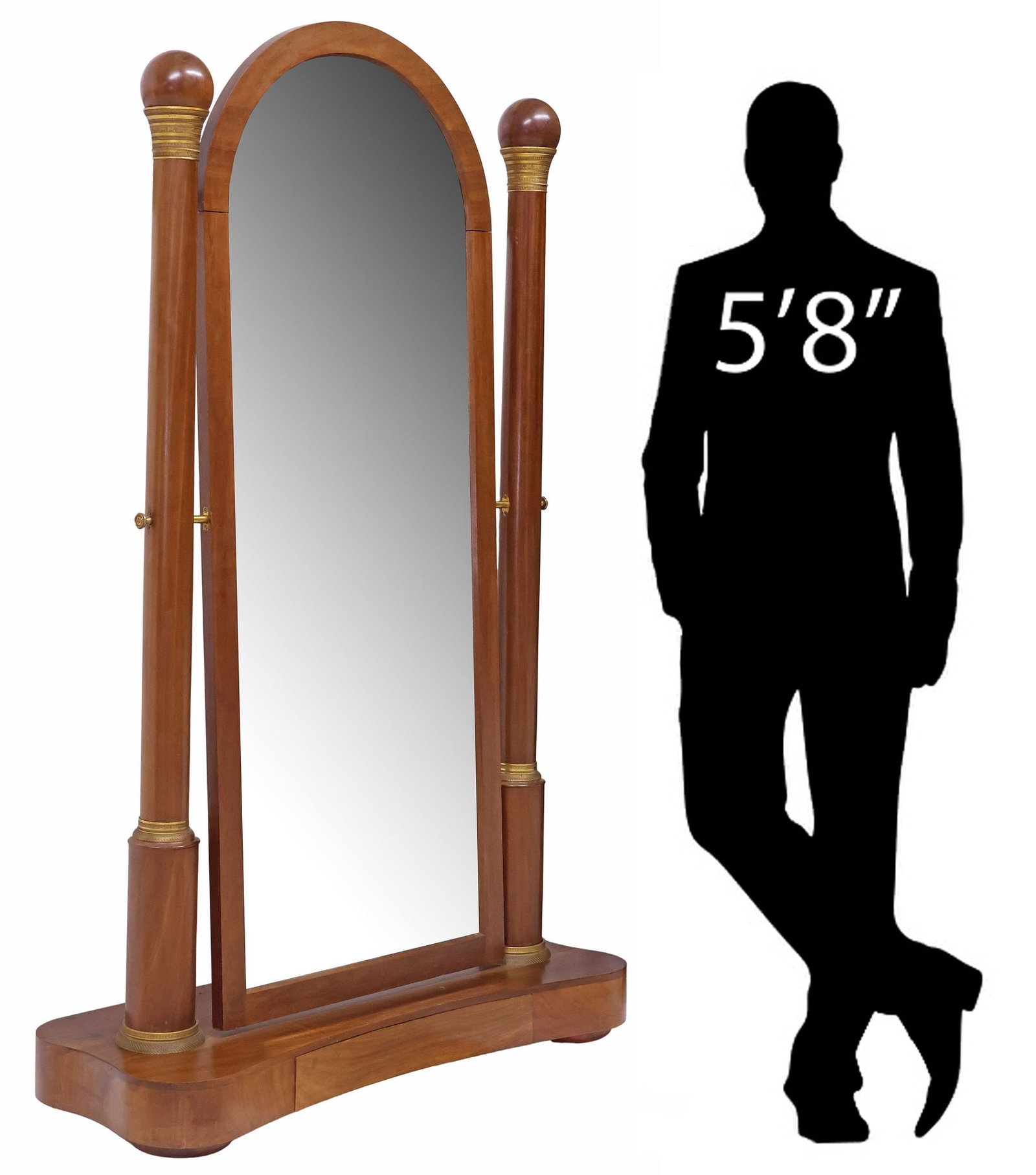 FRENCH EMPIRE STYLE FIGURED WALNUT FULL-LENGTH DRESSING MIRROR, 74"H: French Empire style figured walnut full-length dressing mirror, arched swiveling frame encasing beveled mirror plate, on columnar supports with finely cast gilt-metal capitals, on shaped platform base