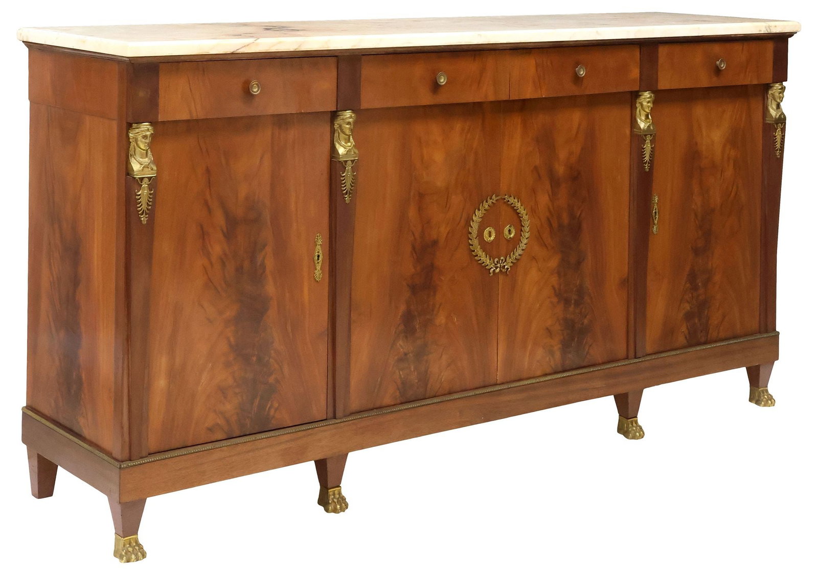 FRENCH EMPIRE STYLE MARBLE-TOP FLAME MAHOGANY SIDEBOARD (1 of 7)