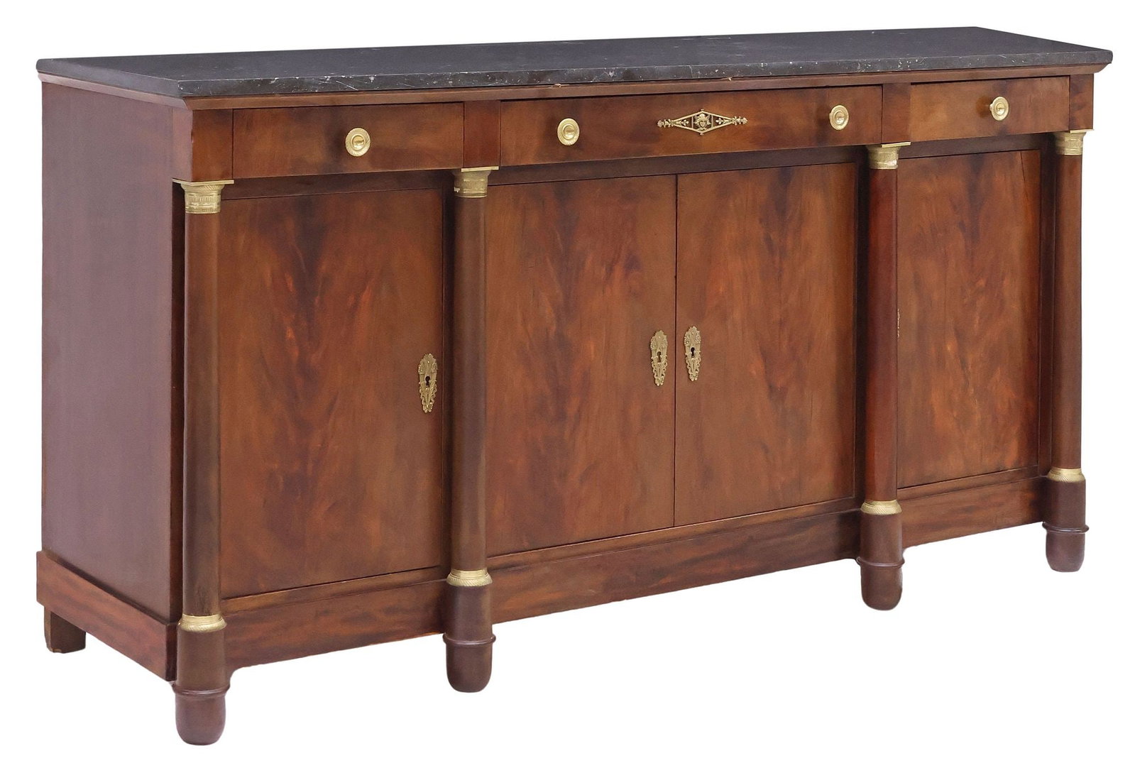 FRENCH EMPIRE STYLE MARBLE-TOP FLAME MAHOGANY SIDEBOARD: French Empire style flame mahogany sideboard, late 19th c., having rectangular marble top, above three frieze drawers and four cabinet doors, revealing fixed height shelving, flanked by columnar posts
