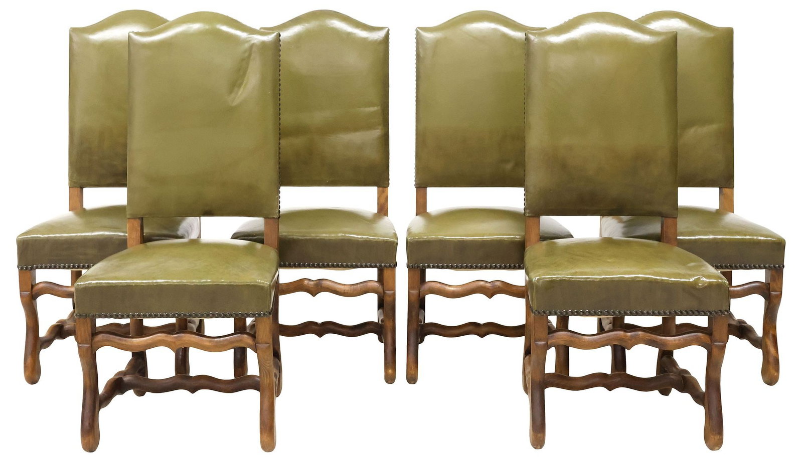 (6) FRENCH LOUIS XIV STYLE LEATHER-UPHOLSTERED HIGHBACK DINING CHAIRS: (lot of 6) French Louis XIV style highback walnut dining chairs, early 20th c., each having padded back and seat in olive green leather upholstery, with nail-head trim, rising on stretcher-joined volu