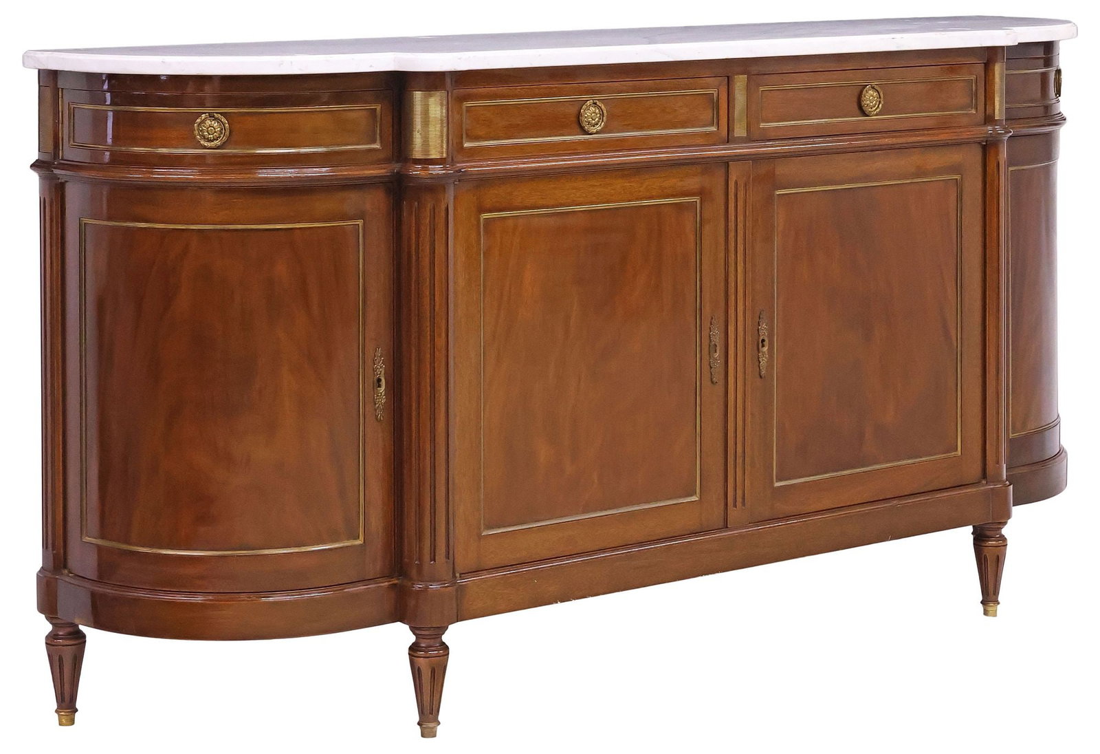 FRENCH LOUIS XVI STYLE MARBLE-TOP MAHOGANY BREAKFRONT SIDEBOARD: French Louis XVI style mahogany demilune sideboard, early 20th c., breakfront case mounted with gilt-metal trim, having shaped marble top, above four drawers, and four cabinet doors, each enclosing ad