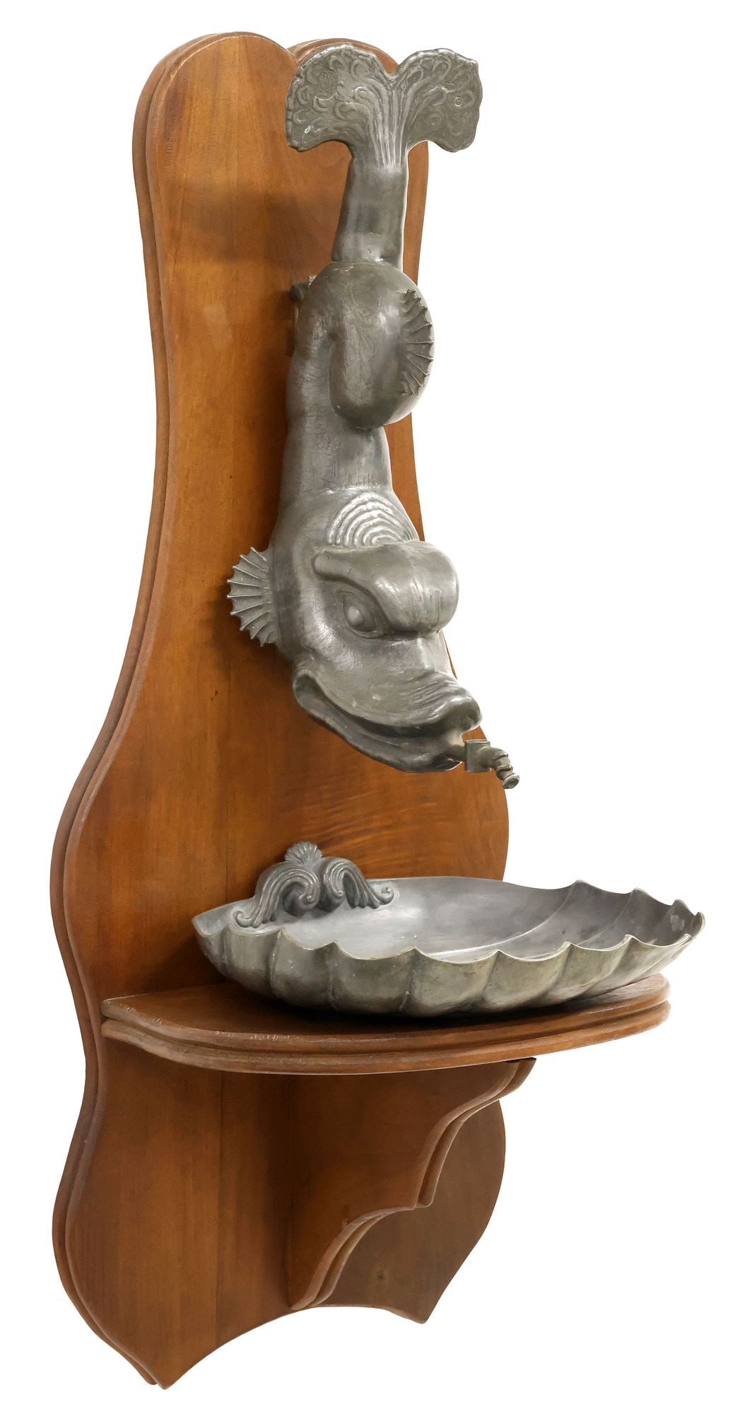 PEWTER & WALNUT FIGURAL FRENCH DOLPHIN WALL-MOUNTED LAVABO (1 of 4)