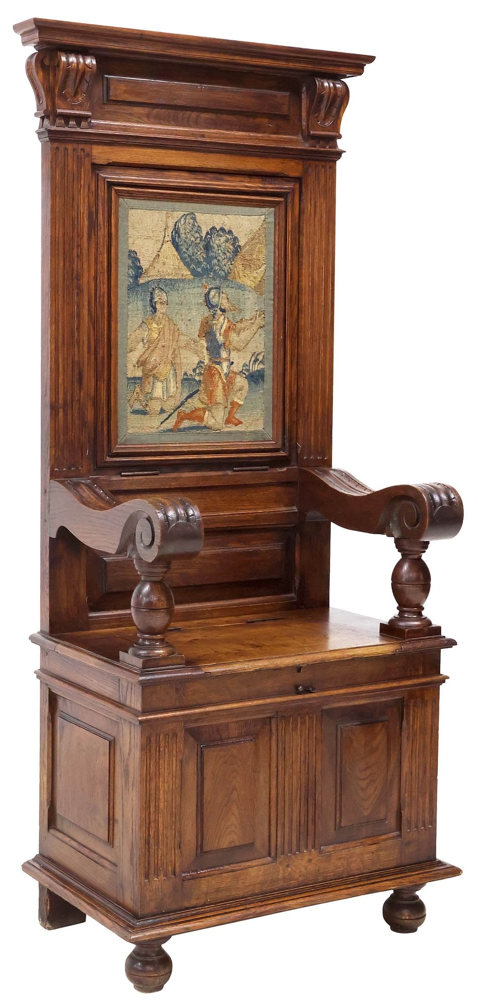 FRENCH RENAISSANCE REVIVAL CARVED & TAPESTRY-INSET OAK HALL CHAIR: French Renaissance Revival oak hall chair, late 18th c., having stepped cornice and scrolled corbels, above paneled back encasing antique Aubusson style tapestry depicting kneeling knights, hinged sea