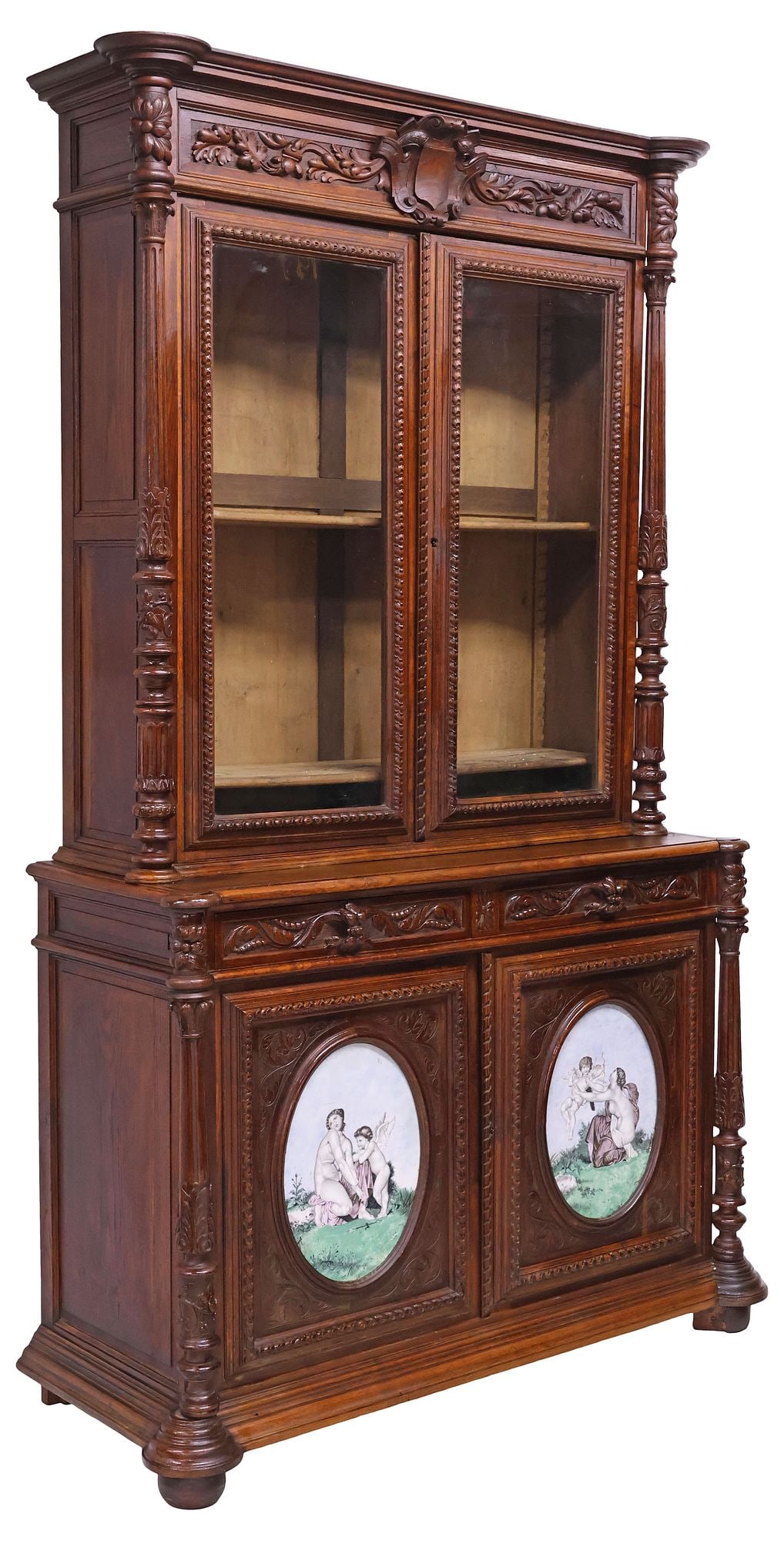 FRENCH HENRI II STYLE PORCELAIN-INSET & CARVED OAK SIDEBOARD, 102.5"H (1 of 7)