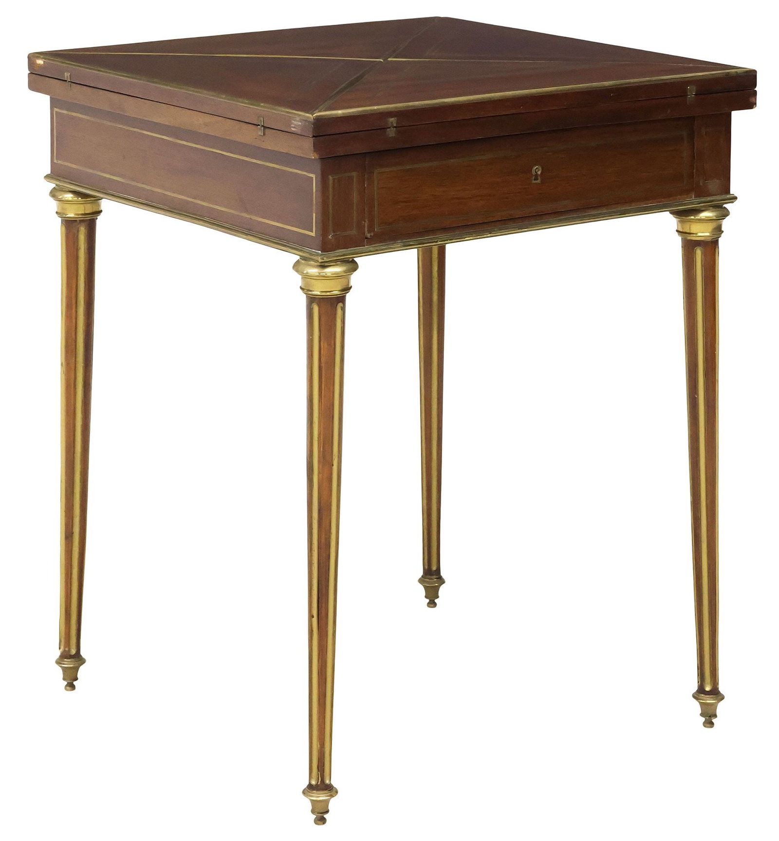 FRENCH LOUIS XVI STYLE BRASS-BOUND MAHOGANY ENVELOPE GAMES TABLE (1 of 7)
