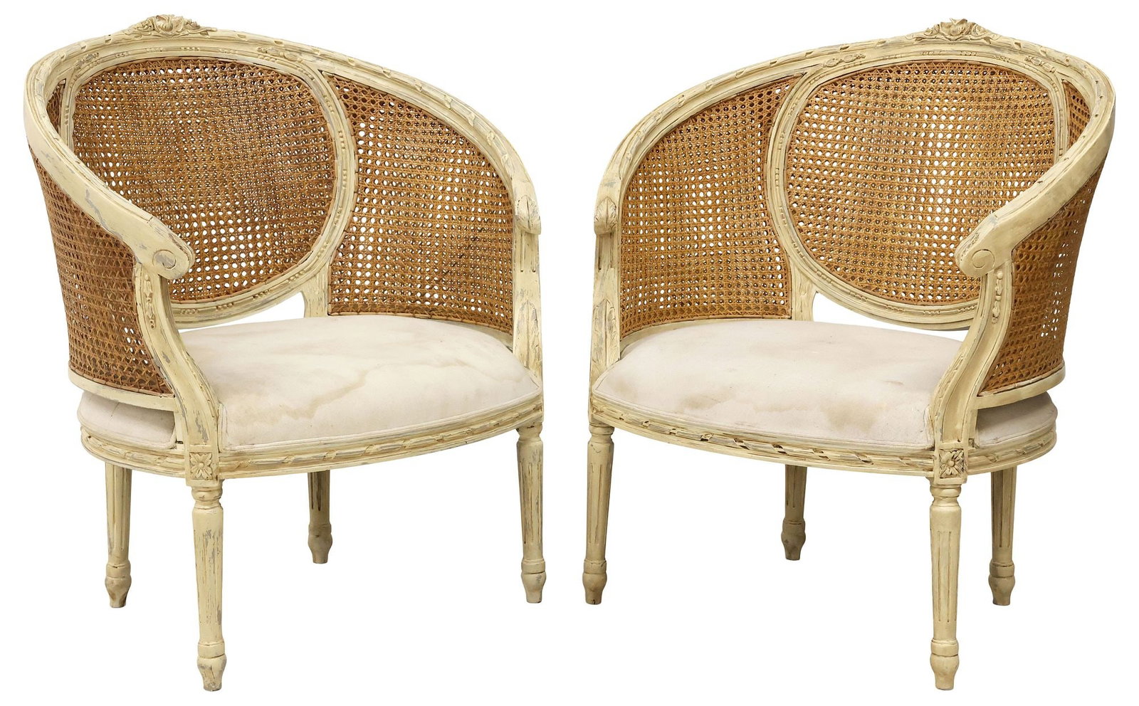 (2) FRENCH LOUIS XVI STYLE CANED & UPHOLSTERED BARREL-BACK ARMCHAIRS (1 of 4)