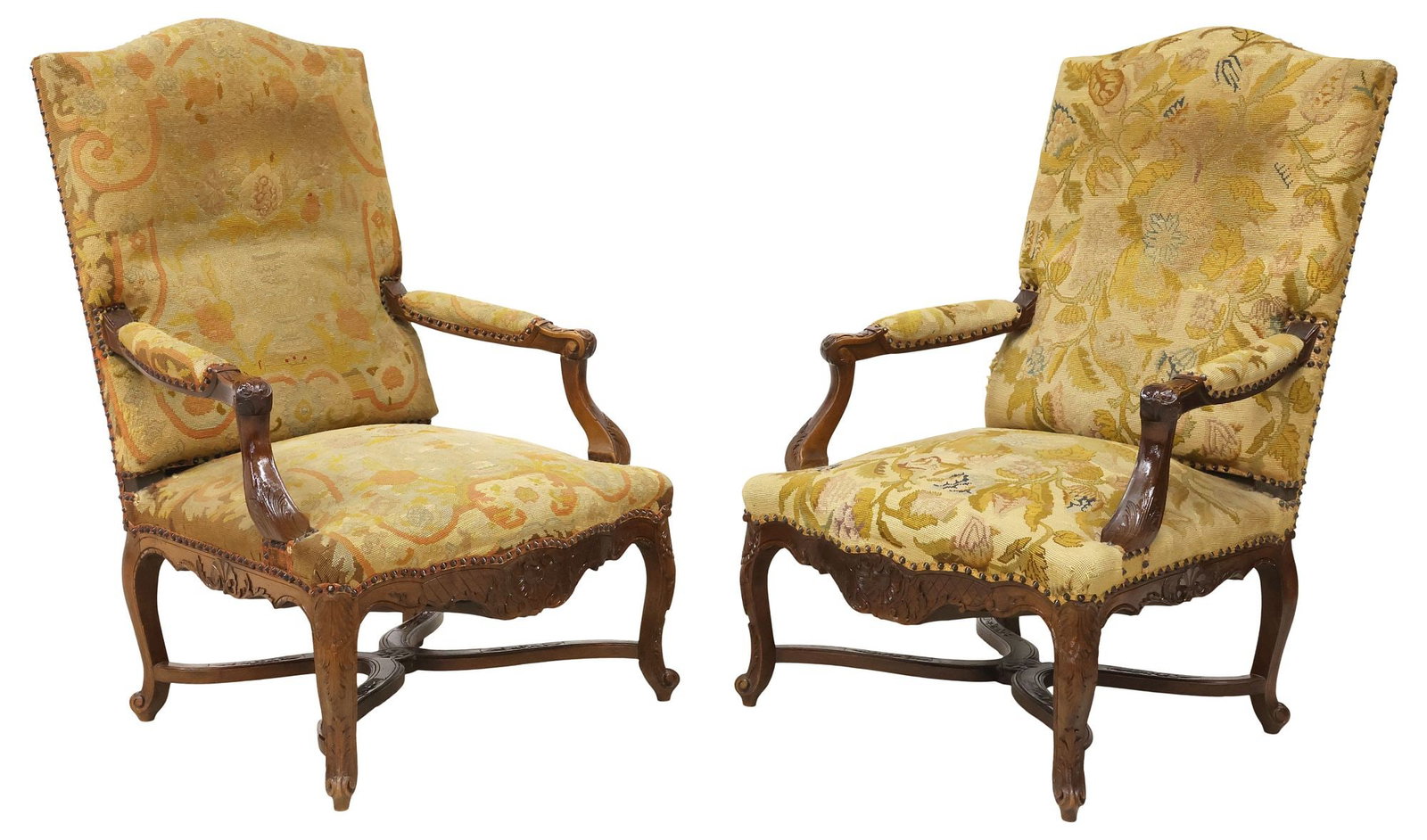 (2) FRENCH LOUIS XV STYLE CARVED & NEEDLEWORK-UPHOLSTERED ARMCHAIRS (1 of 3)