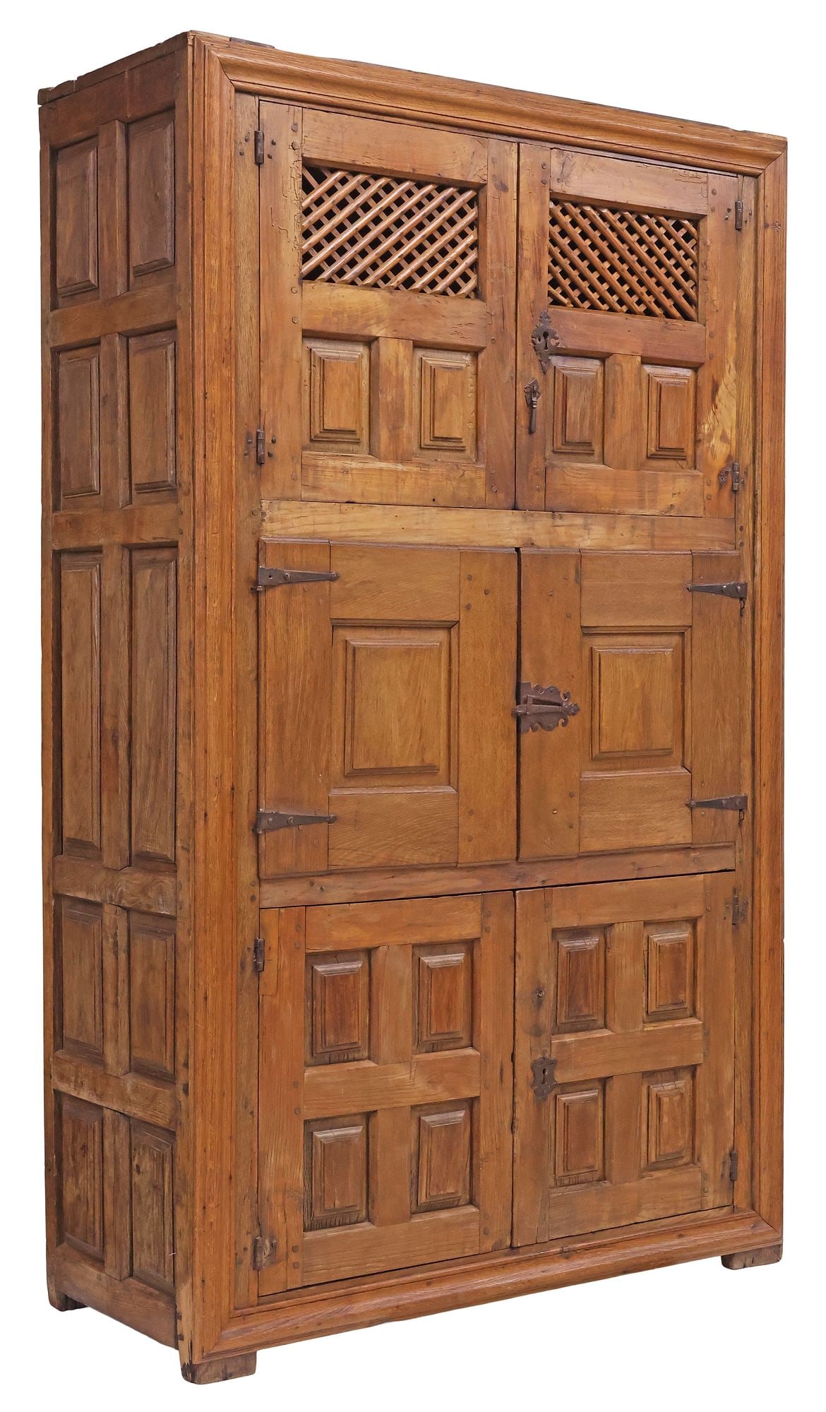 SPANISH BAROQUE PERIOD LATTICED & PANELED MIXED WOOD CUPBOARD, 85.5"H (1 of 5)