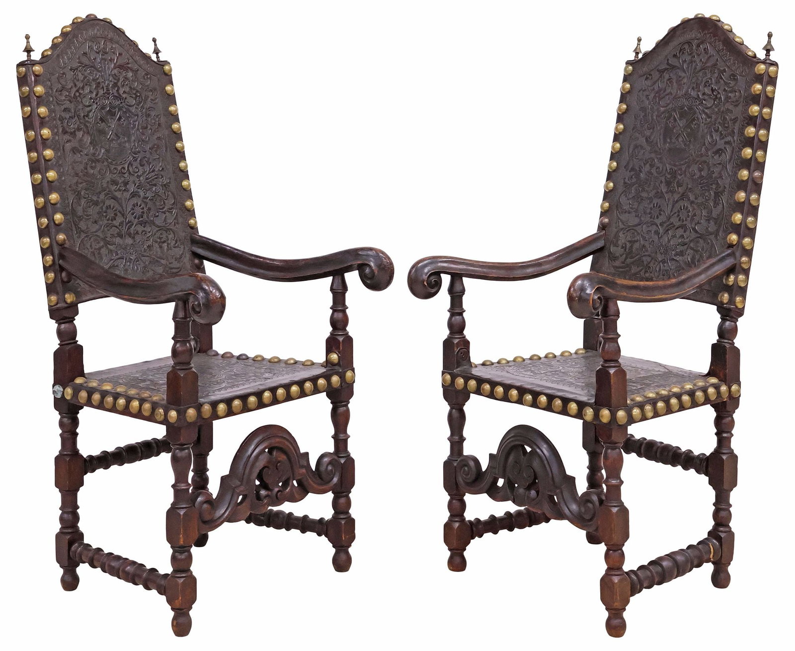(2) PORTUGUESE BAROQUE STYLE EMBOSSED LEATHER ARMCHAIRS (1 of 5)