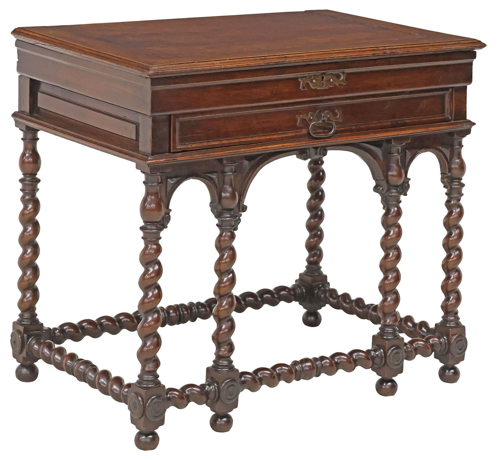 LOUIS XIII STYLE SPIRAL-TURNED WALNUT WORK / HALL TABLE: Spanish Louis XIII style walnut work or writing table, 18th c., having rectangular hinged top and divided drawer, rising on spiral-turned legs, joined by box stretcher, ending on bun feet, approx 27&q
