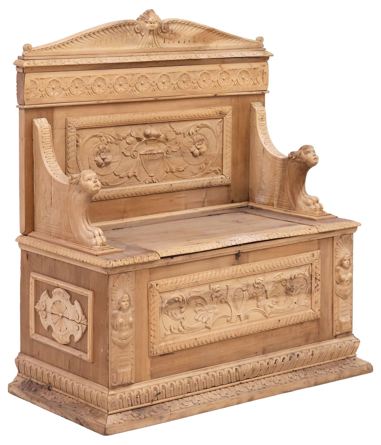 FRENCH RENAISSANCE REVIVAL FIGURAL CARVED WALNUT HALL BENCH: French Renaissance Revival stripped walnut hall bench, 19th c., having scrolled crest with central grotesque mask, above paneled back depicting a flowering urn, armrests with protruding heads and paw 