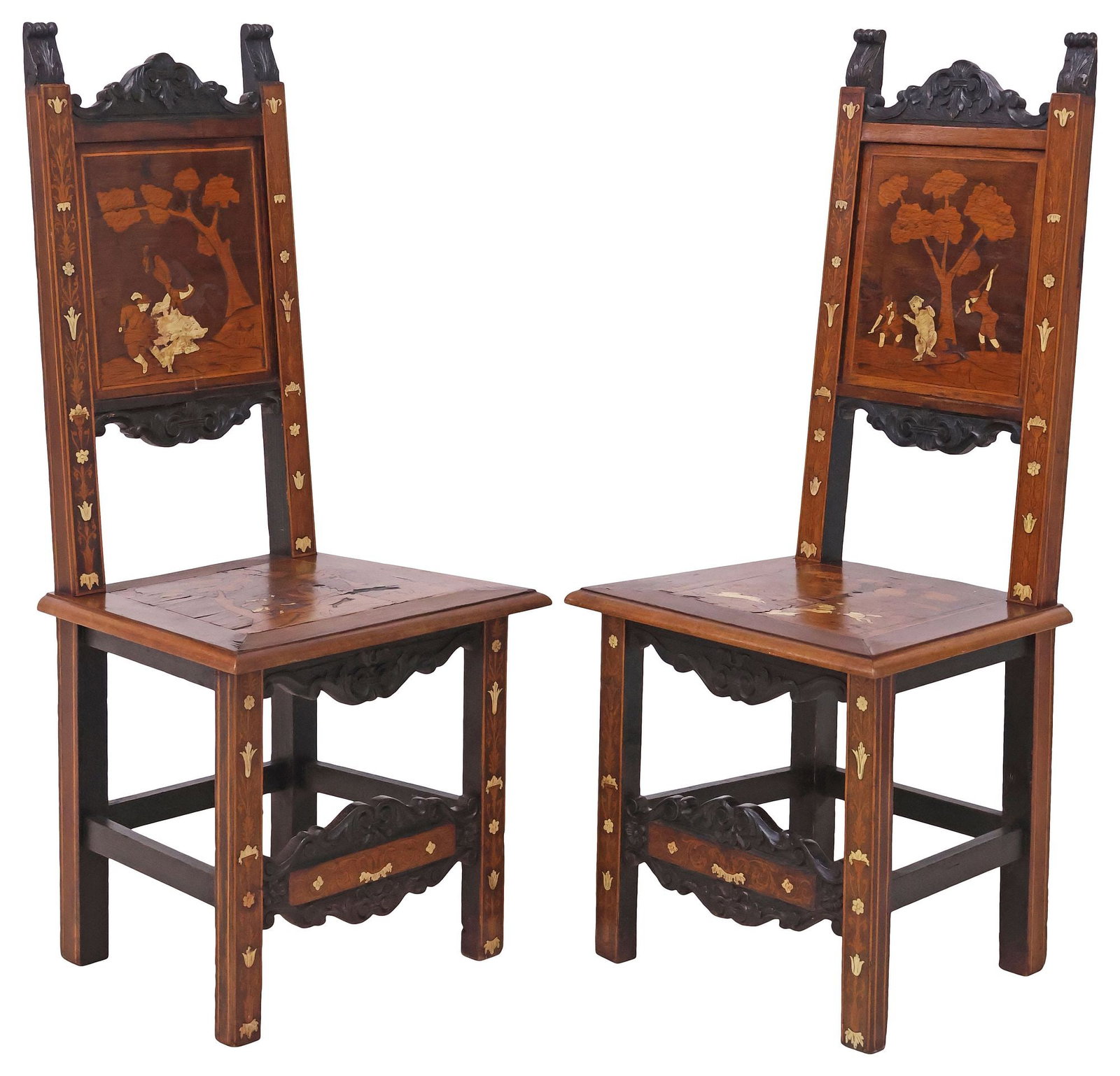 (2) ITALIAN RENAISSANCE STYLE PROVINCIAL SCENE MARQUETRY INLAID CHAIRS (1 of 5)