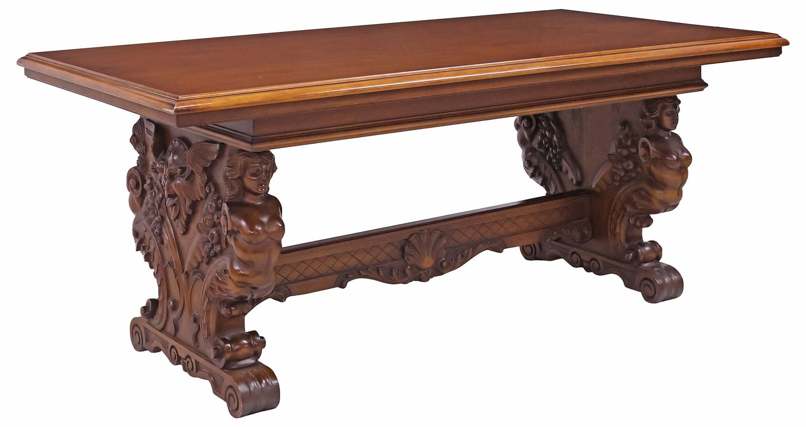 ITALIAN RENAISSANCE REVIVAL CARVED WALNUT FIGURAL TRESTLE TABLE (1 of 6)