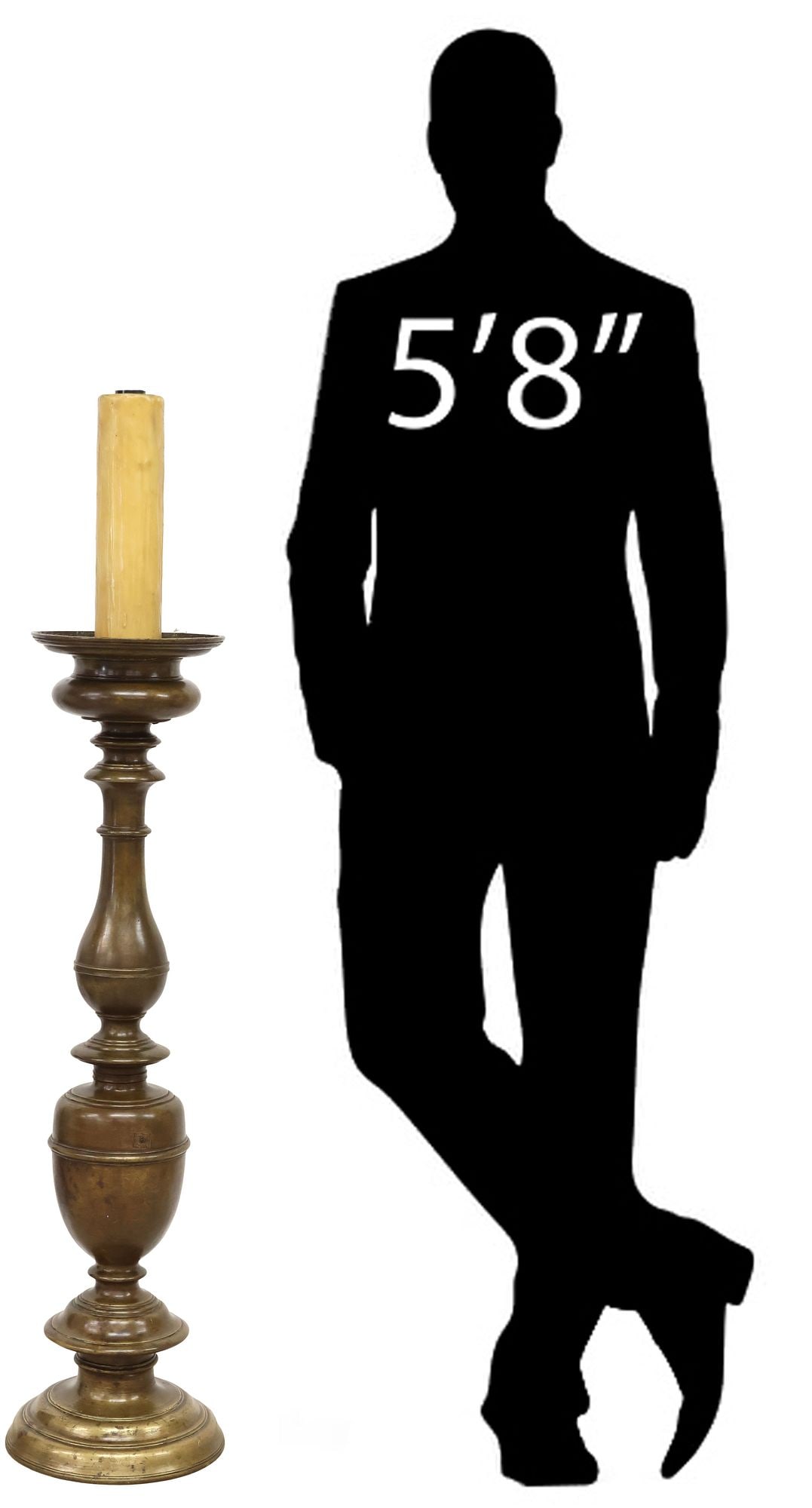 ITALIAN BRASS CANDLE PRICKET CONVERTED TO 1-LIGHT FLOOR LAMP: Italian ecclesiastical brass candle pricket, 17th c., now fashioned as a single-light floor lamp, having faux candle, over turned-form standard, on stepped circular foot, in need of wiring, approx 55"