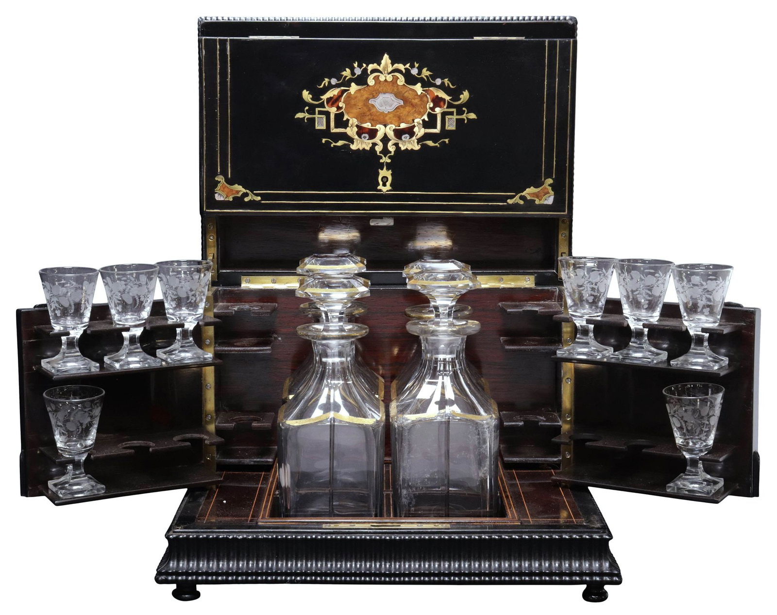 FRENCH NAPOLEON III BRASS MARQUETRY-INLAID & BLACK LACQUERED CAVE A LIQUEUR (1 of 6)