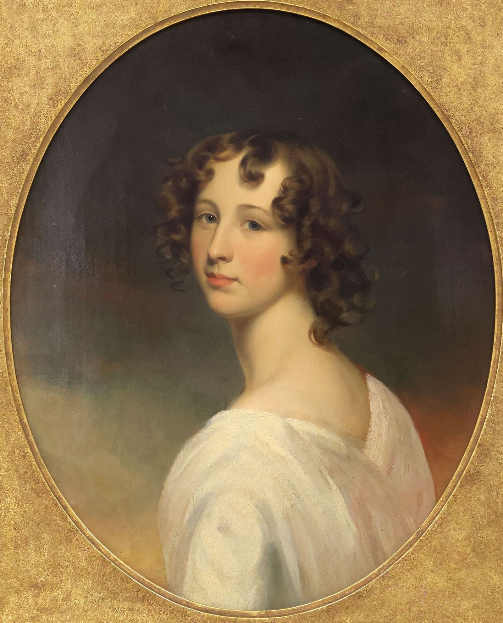 FRAMED OIL ON CANVAS PAINTING, PORTRAIT OF A YOUNG LADY, 19TH C.: Framed oil on canvas painting, Portrait of a Young Woman, apparently unsigned, sight: approx 24.5"h, 19.75"w, overall: approx 30.75"h, 26"w, 10lbs