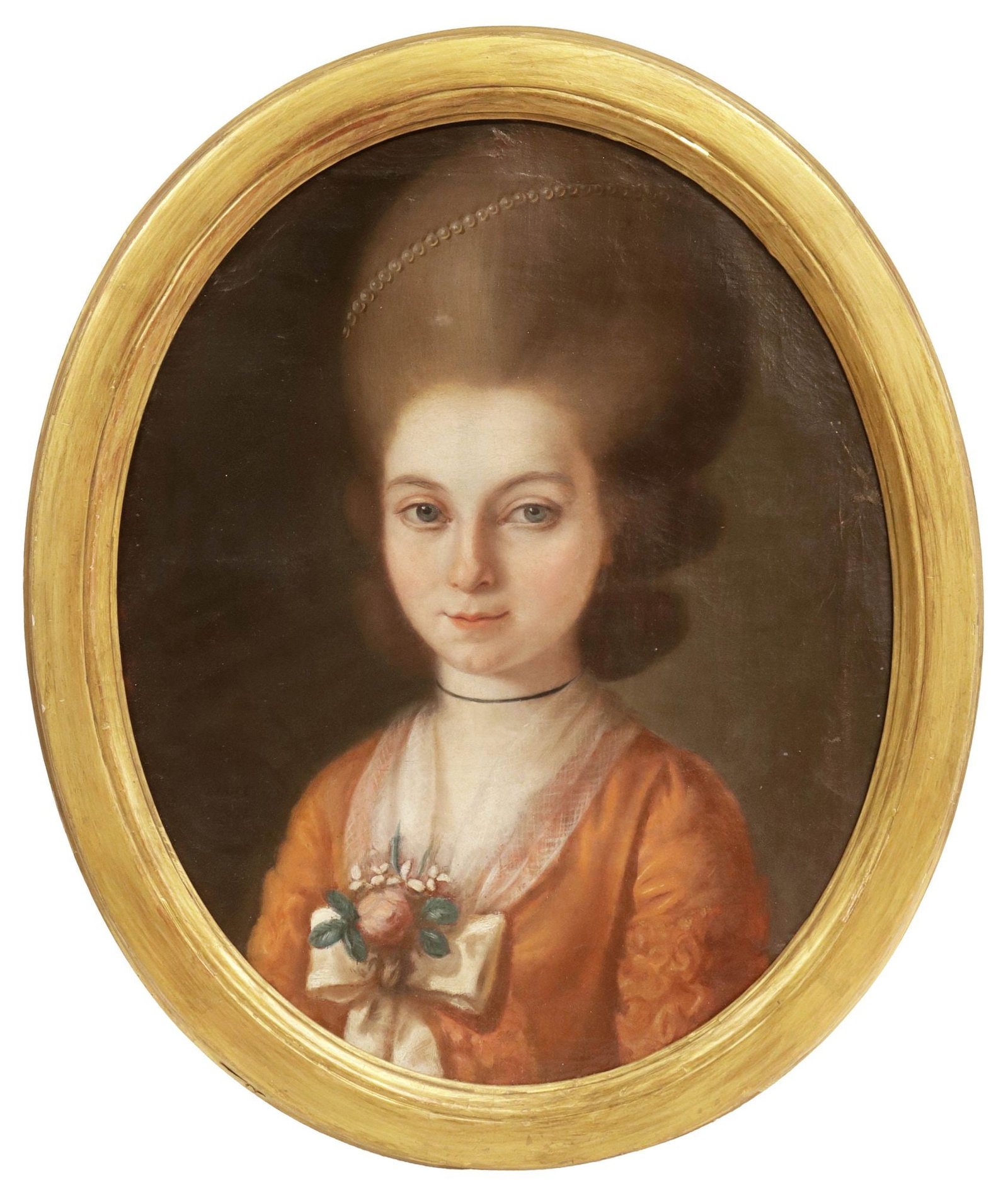 NICHOLAS VINCENT BOUDET (18TH C.) OIL PAINTING, PORTRAIT OF A YOUNG LADY: Framed oil on canvas painting, Portrait of a Lady, signed lower left Boudet Pinxit (Nicholas Vincent Boudet, French-American, active c.1793-1820), repairs to canvas, sight: approx 21.5"h, 17.25"w, ove