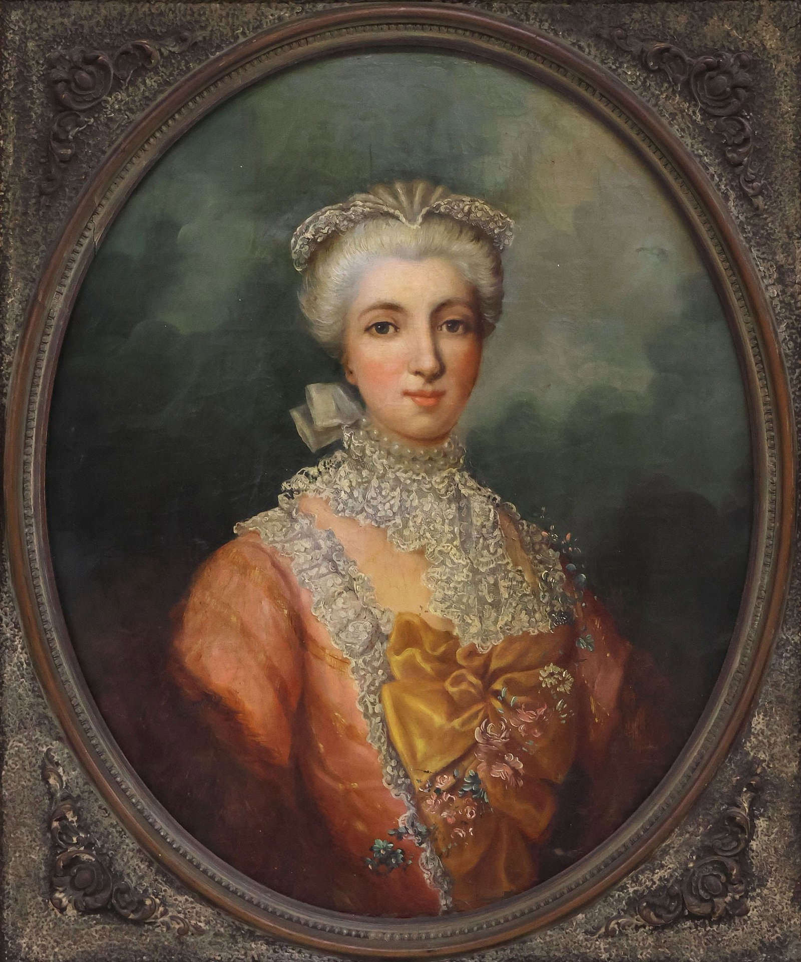 FRENCH SCHOOL (19TH C.) OIL PAINTING, PORTRAIT OF A NOBLE LADY: Framed French School oil on canvas painting, Portrait of a Lady in Ruffled Lace Collar, apparently unsigned, overall craquelure, sight: approx 21"h, 16.75"w, overall: approx 27"h, 23.25"w, 7.5lbs
