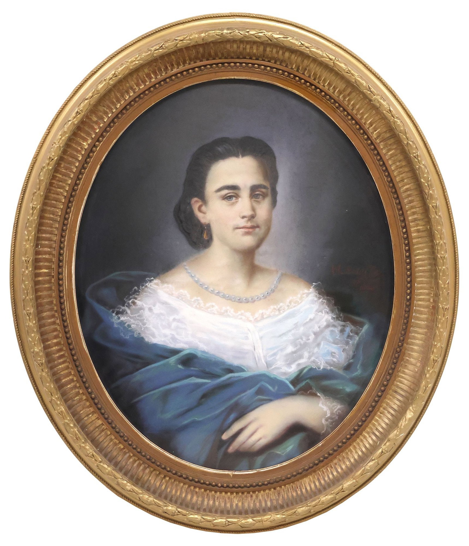 SIGNED FRENCH SCHOOL OIL PASTEL DRAWING, PORTRAIT OF A LADY IN PEARLS: Framed oil pastel drawing, Portrait of a Lady in Pearl Necklace, sighed lower right H. Rouillet (French, 19th c.), dated 1866, sight: approx 28"h, 22.5"w, overall: approx 36.5"h, 31"w, 23lbs