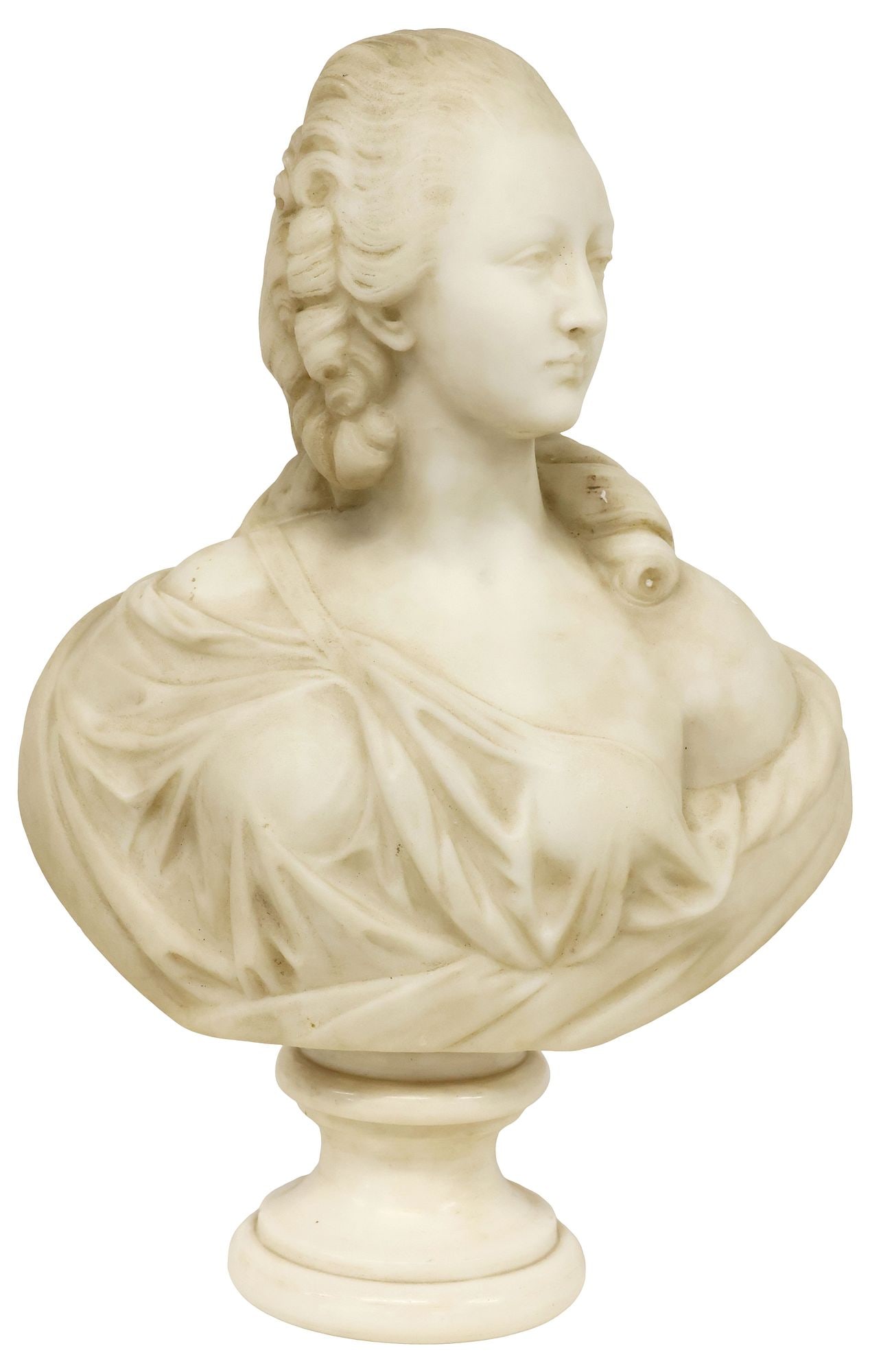 CARVED WHITE MARBLE SCULPTURE, CLASSICAL FEMALE BUST, 21"H (1 of 4)