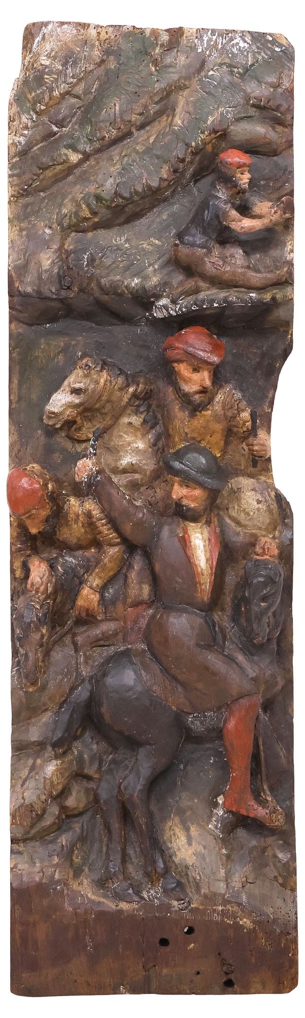 FLEMISH CARVED RETABLE RELIEF PANEL, MEDIEVAL BATTLE SCENE, 16TH C. (1 of 3)
