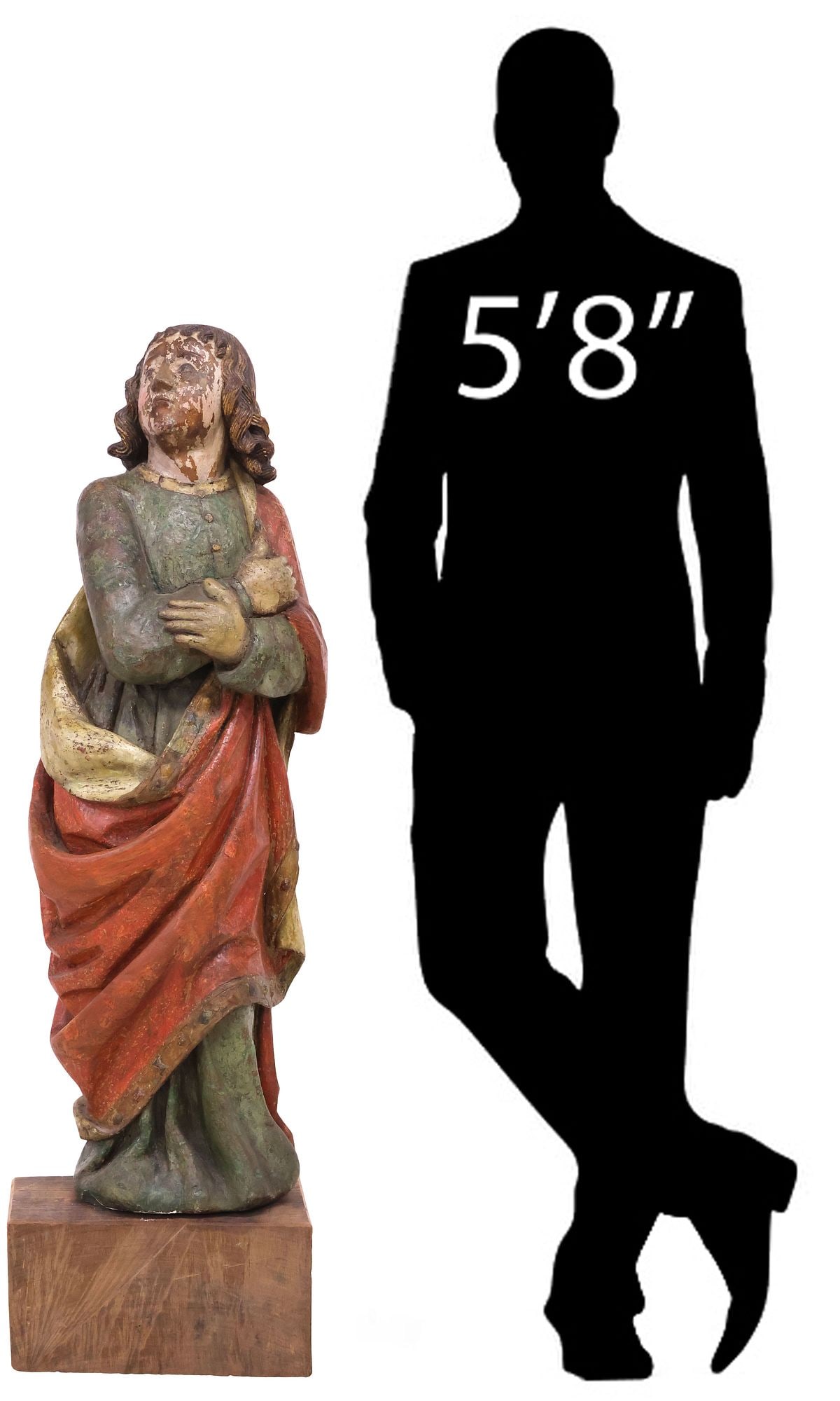 LARGE 16TH C. GERMAN CARVED SANTO ON BASE, ST. JOHN THE EVANGELIST, 51"H (1 of 5)