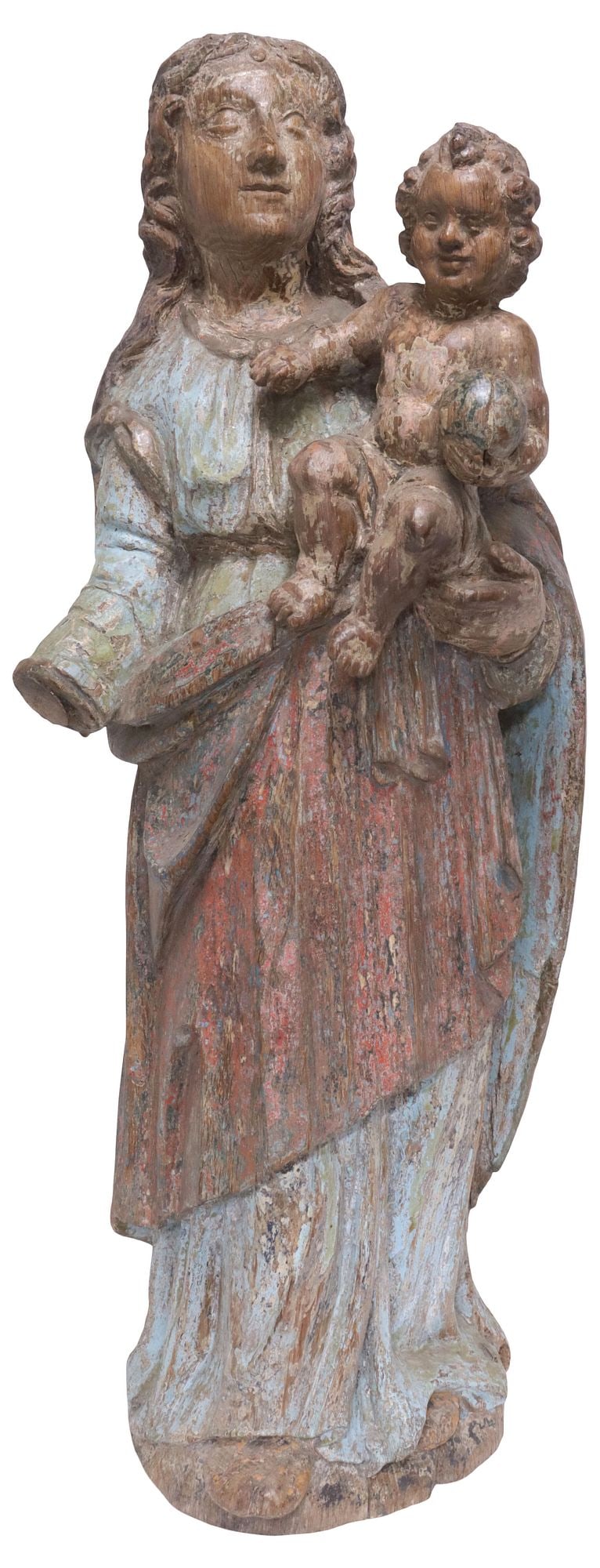 LARGE FRENCH CARVED RELIGIOUS SANTO FIGURE, MADONNA & CHILD, 16TH C. (1 of 4)