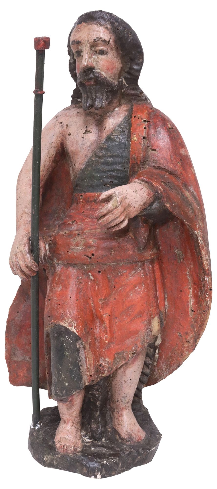 GERMAN CARVED WOOD SANTO FIGURE, MALE WITH STAFF, 17TH C. (1 of 4)
