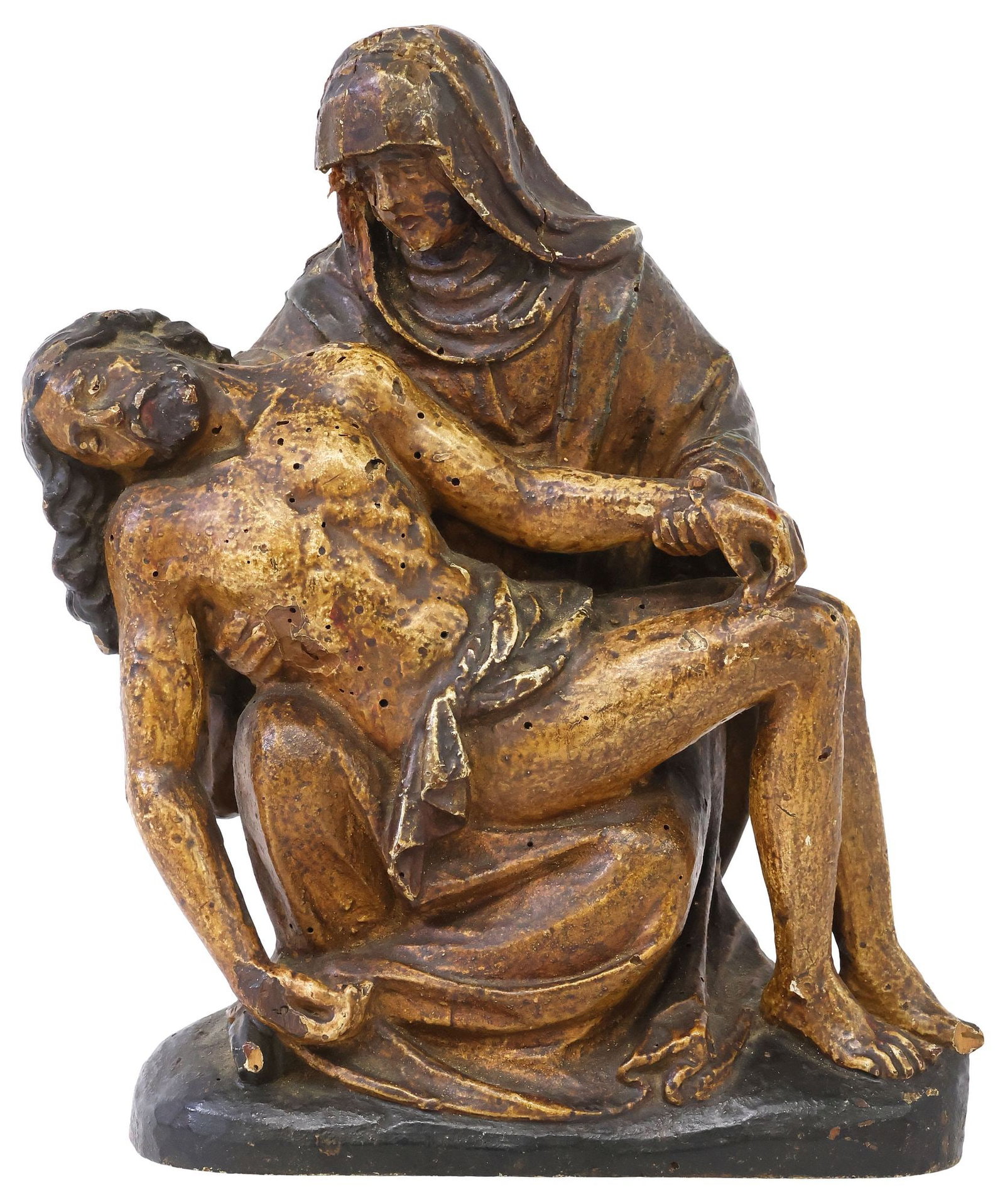 BELGIAN CARVED & PAINTED RELIGIOUS SANTO SCULPTURE, THE PIETA, 17TH C.: Continental carved wood religious sculpture, The Pieta, Belgium, mid-17th c., depicting the Virgin Mary holding Christ in her lap, with remnants of gesso polychrome paint, approx 10.25"h, 8"w, 4.5"d, 