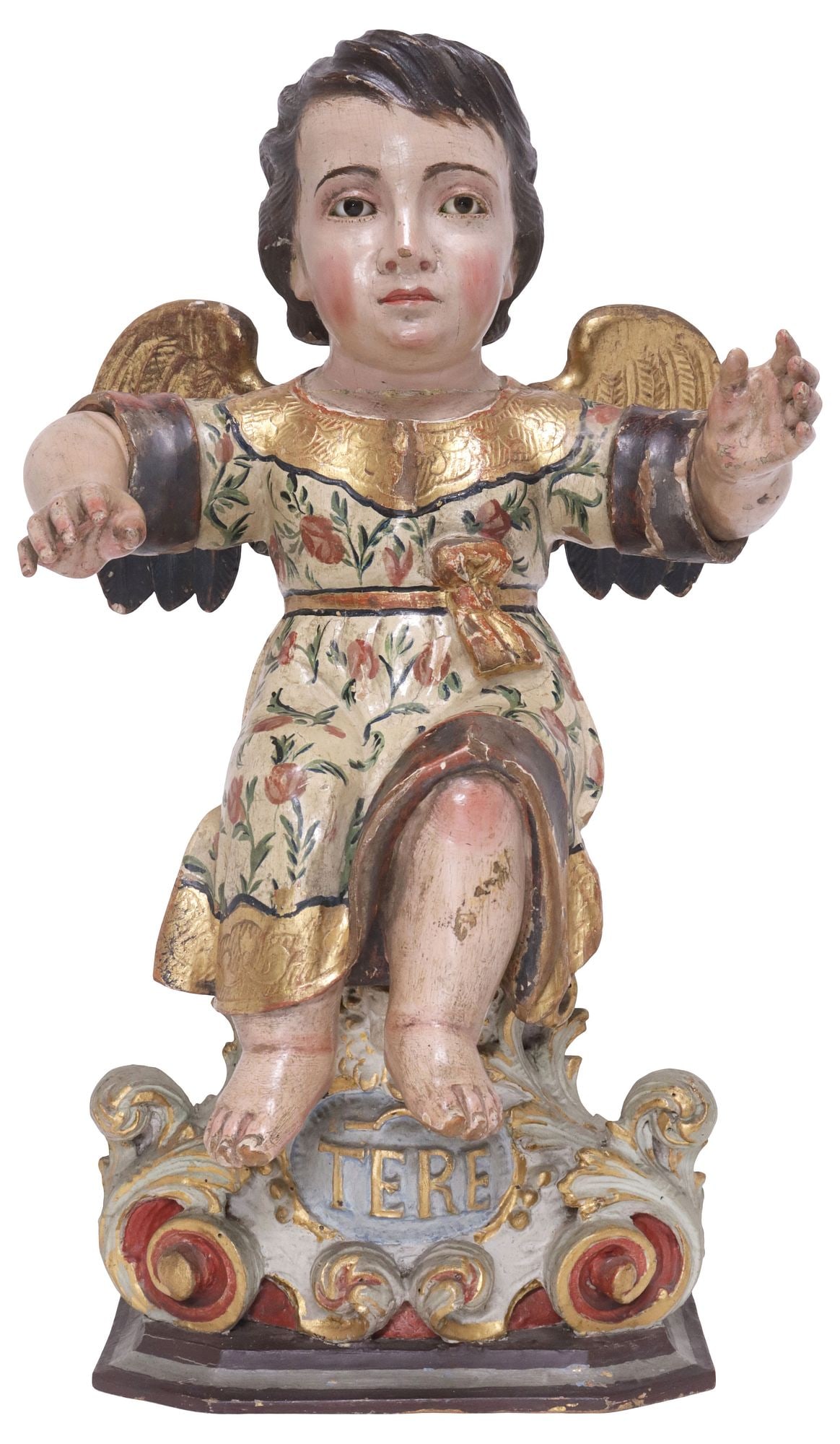 FINE BELGIAN PARCEL-GILT CARVED SANTO FIGURE ON BASE, ARCHANGEL, 19TH C. (1 of 8)