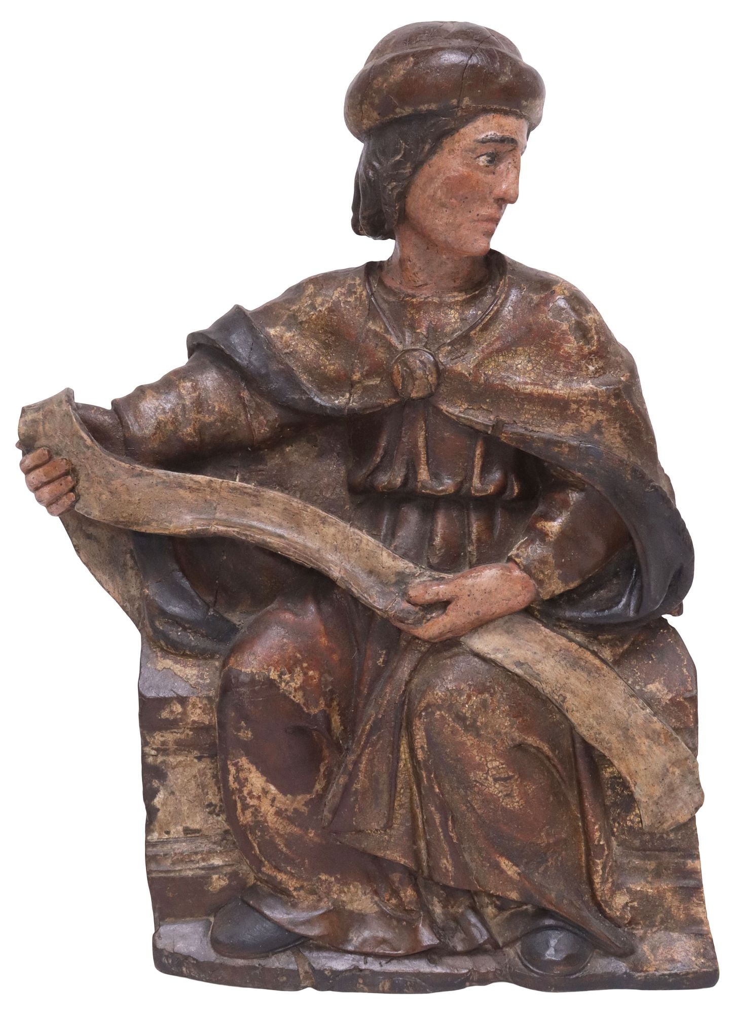 CONTINENTAL CARVED RELIGIOUS SANTO FIGURE, PROPHET WITH SCROLL, 17TH C. (1 of 6)