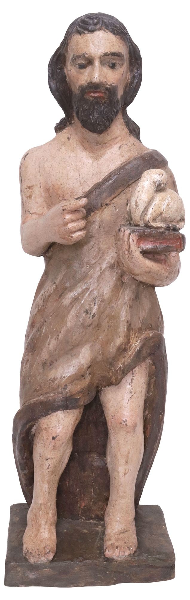 LARGE FRENCH CARVED RELIGIOUS SANTO FIGURE, ST. JOHN THE BAPTIST, 17TH C.: Large Continental carved wood religious santo figure, Saint John the Baptist, Northern France, early 17th c., depicting a male figure holding book with seated lamb, standing atop integral platform bas