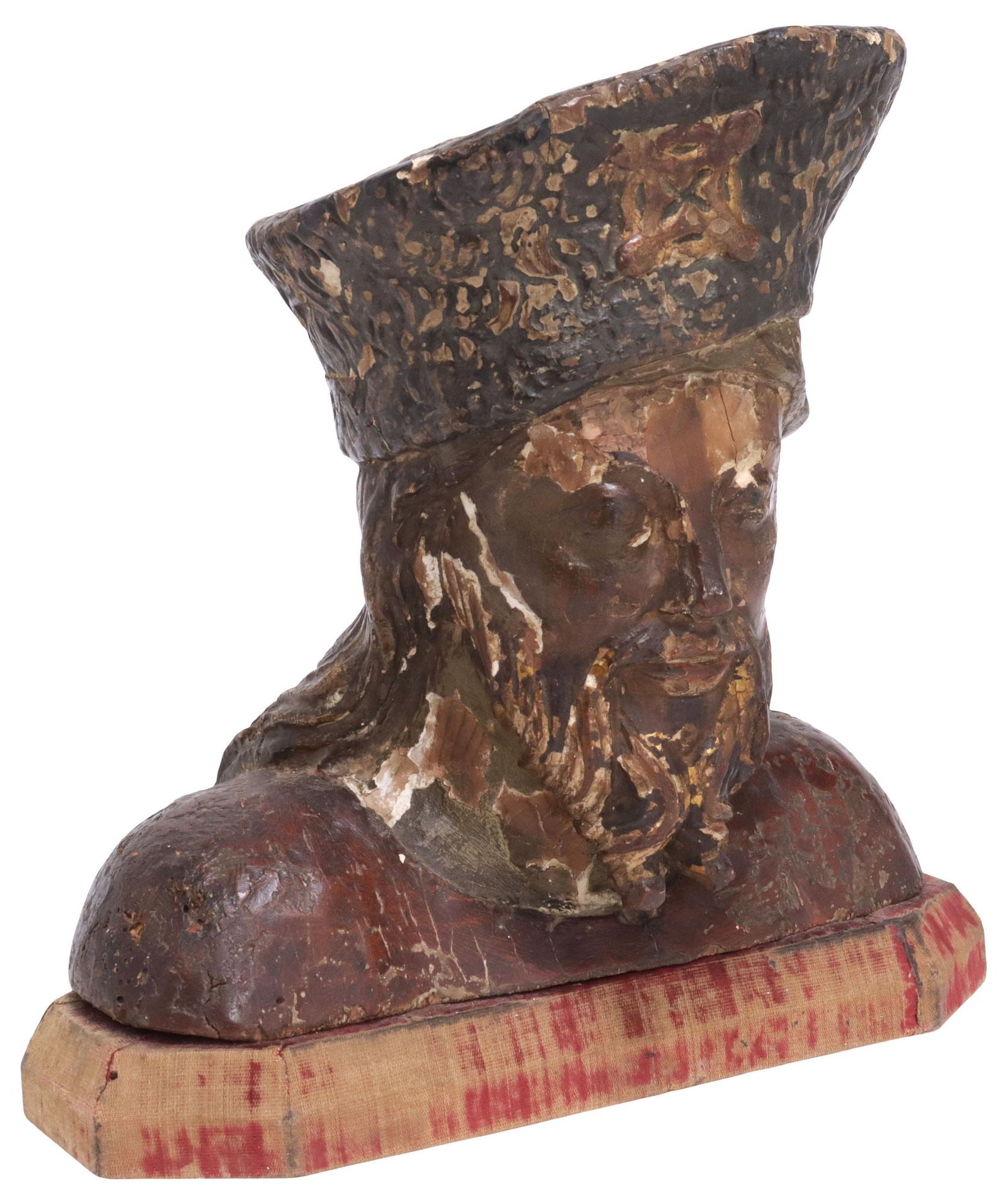 FRENCH CARVED RELIGIOUS SANTO FIGURE, BUST OF SAINT ROCH, 16TH C.: Continental carved wood religious santo figure, Bust of Saint Roch, France, 16th c., modeled as a bearded male figure wearing pilgrimage hat, on integral canted platform, with remnants of gesso, gold 