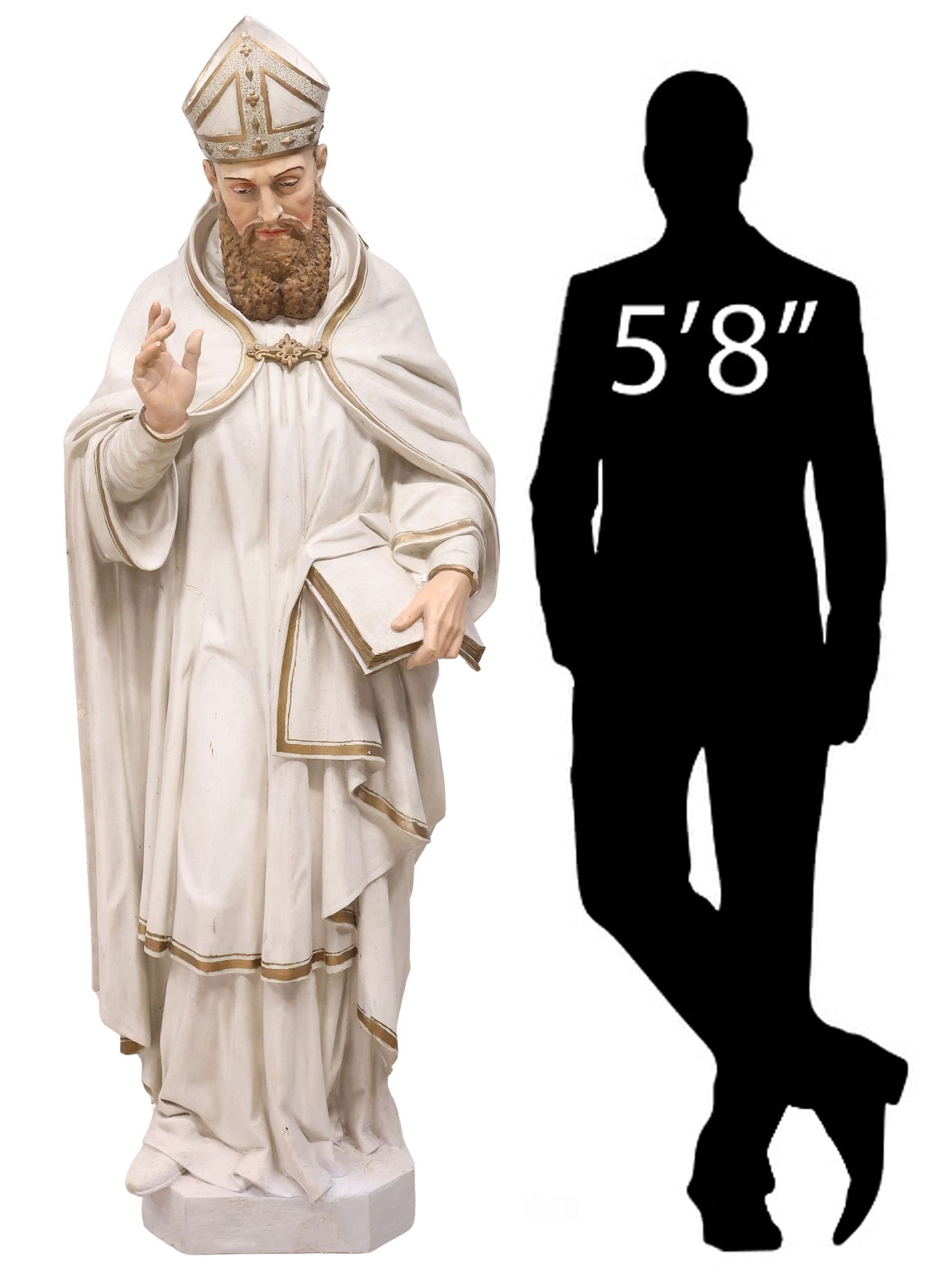 LIFE-SIZE CONTINENTAL PAINT DECORATED ALTAR FIGURE, CATHOLIC BISHOP, 71"H: Life-sized Continental polychrome-painted and parcel-gilt cast composite ecclesiastical altar figure, 20th c., modeled as a Catholic bishop in a gesture of benediction, in draped vestments and miter h