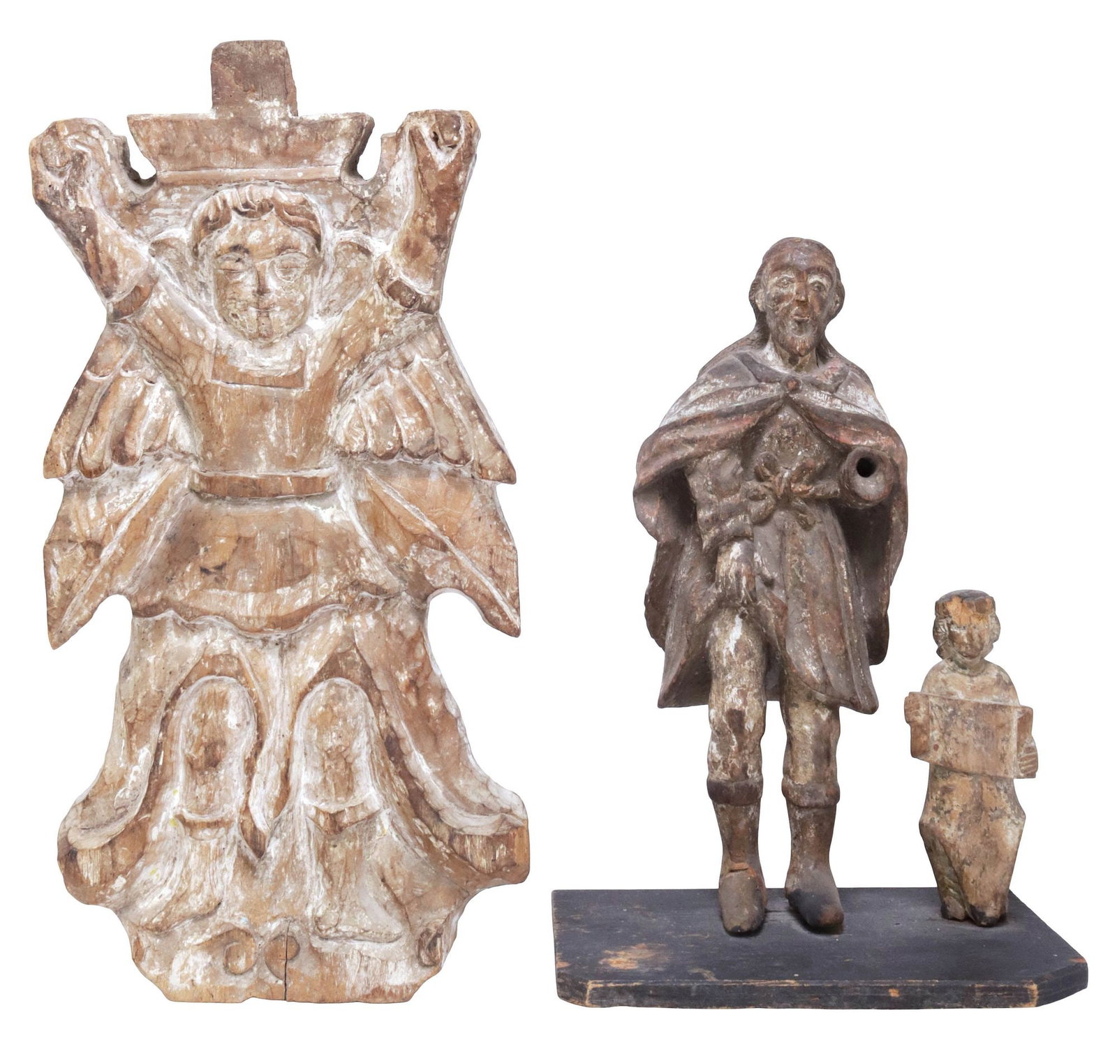 (2) SPANISH COLONIAL CARVED WOOD ARCHITECTURAL ELEMENT & SANTO FIGURE: (lot of 2) Spanish Colonial carved wood sculptures, including: (1) architectural fragment or wall plaque, modeled as an angel with raised arms, remnants of paint, approx 16.25"h, 8"w; (1) santo figure