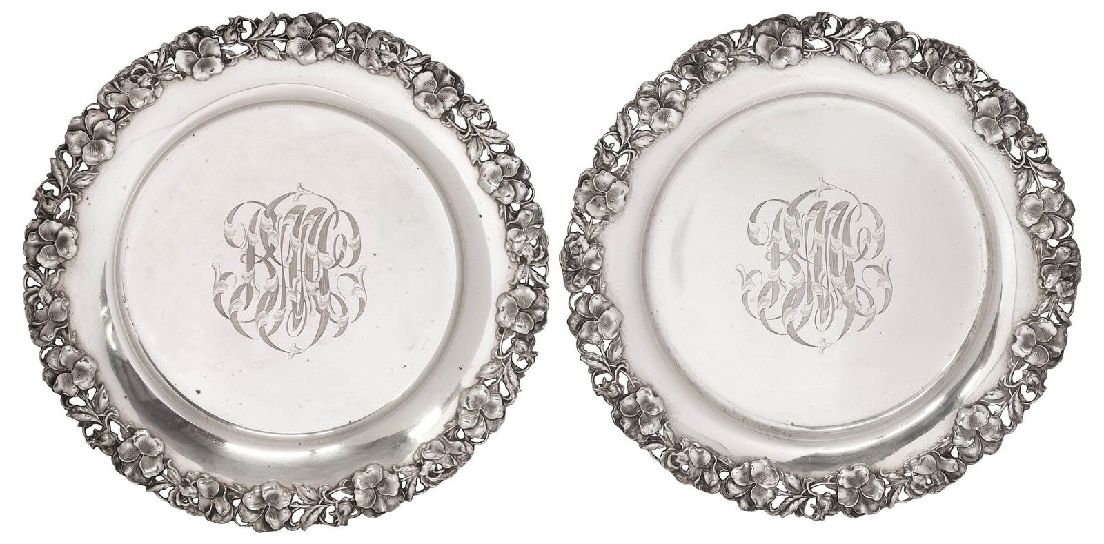 (2) AMERICAN LEBOLT ARTS & CRAFTS STERLING SILVER FLORAL PLATES, 27.47OZT: (pair) American sterling silver dinner plates, Lebolt, each having pierced rim with cast pansy blossoms and scrolling foliate motifs, centering triple monogram BMP, hallmarked sterling with maker's ma
