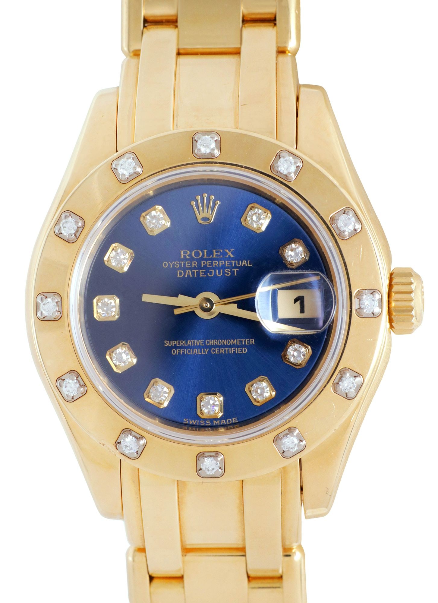 ESTATE ROLEX PEARLMASTER LADY DATEJUST 18KT GOLD & DIAMOND WATCH: Estate Rolex Pearlmaster Lady-Datejust Oyster Perpetual wristwatch, reference number 80318, having 18kt yellow gold bezel and crown, bezel and indexes set with (twenty-two) small diamonds, self-windin