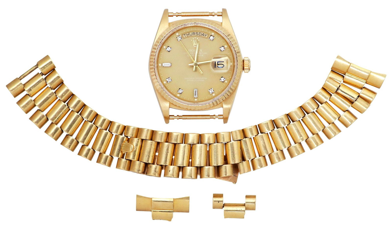 ESTATE ROLEX 18KT GOLD & DIAMOND DAY-DATE WATCH CASE & LOOSE PRESIDENT BRACELET: Estate Rolex Day-Date Oyster Perpetual wristwatch, reference number 18038, currently disassembled, having 18kt yellow gold bezel and crown, indexes set with (ten) small diamonds, self-winding automati