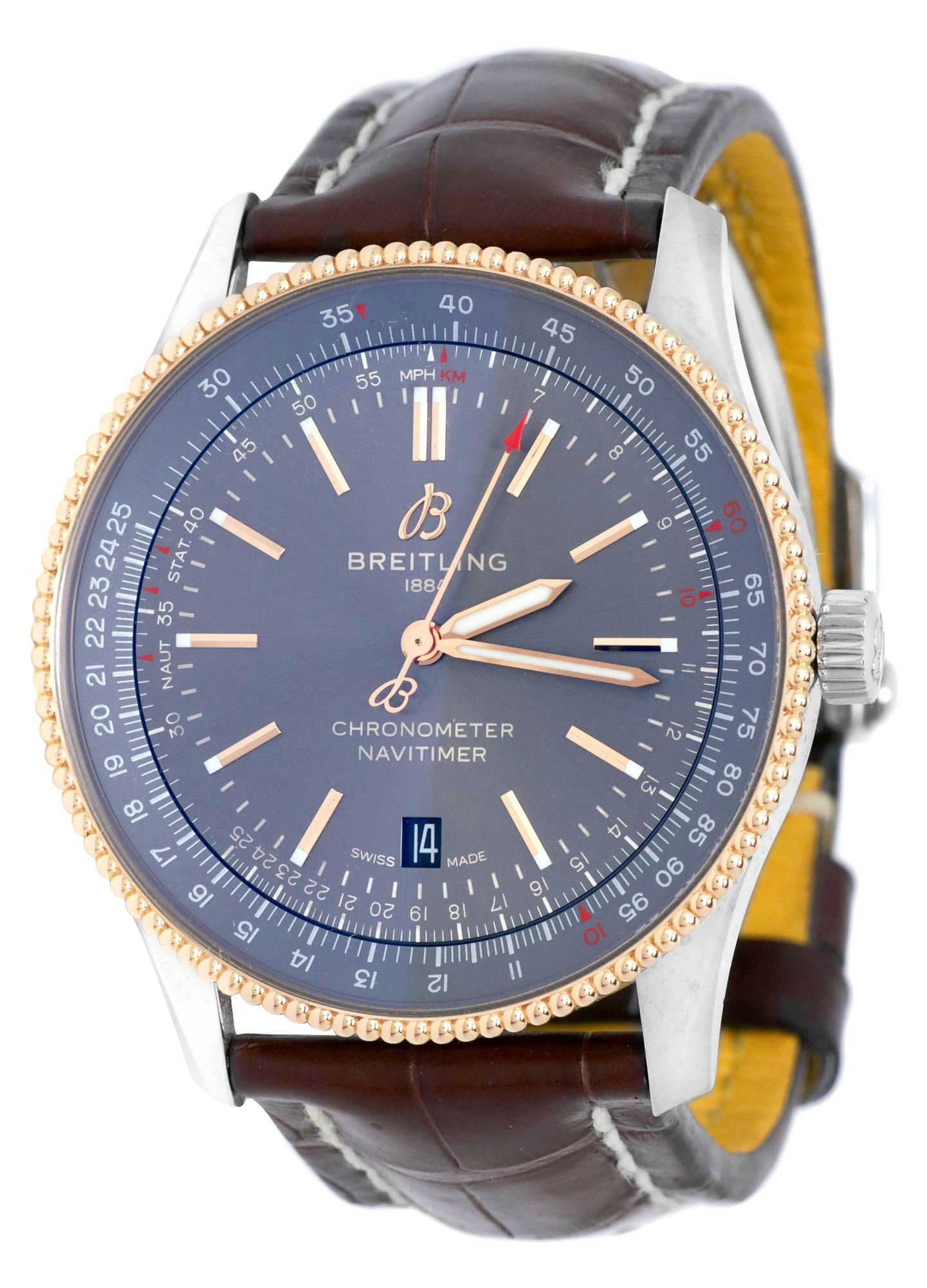 BREITLING NAVIMETER AUTOMATIC CHRONOGRAPH STAINLESS STEEL WATCH, #7326: Breitling Navitimer automatic self-winding chronograph wristwatch, stainless steel case with beaded 18kt yellow gold (tested) bezel, graphite-tone dial with baton indexes, date aperture at six o'clock