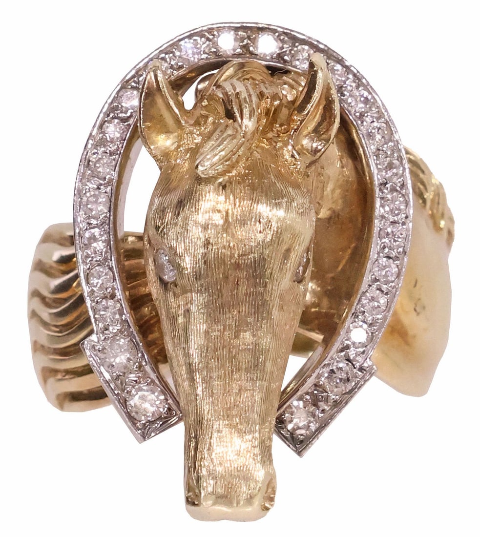 LARGE ESTATE GENT'S 14KT GOLD & DIAMOND WESTERN HORSE HEAD RING, 26.5 GRAMS: Estate Western-style 14kt bicolor gold (tested) custom gent's ring, large yellow gold plaque modeled as a horse's head, with (two) round diamond eyes, framed by a white gold horseshoe, set with (twent