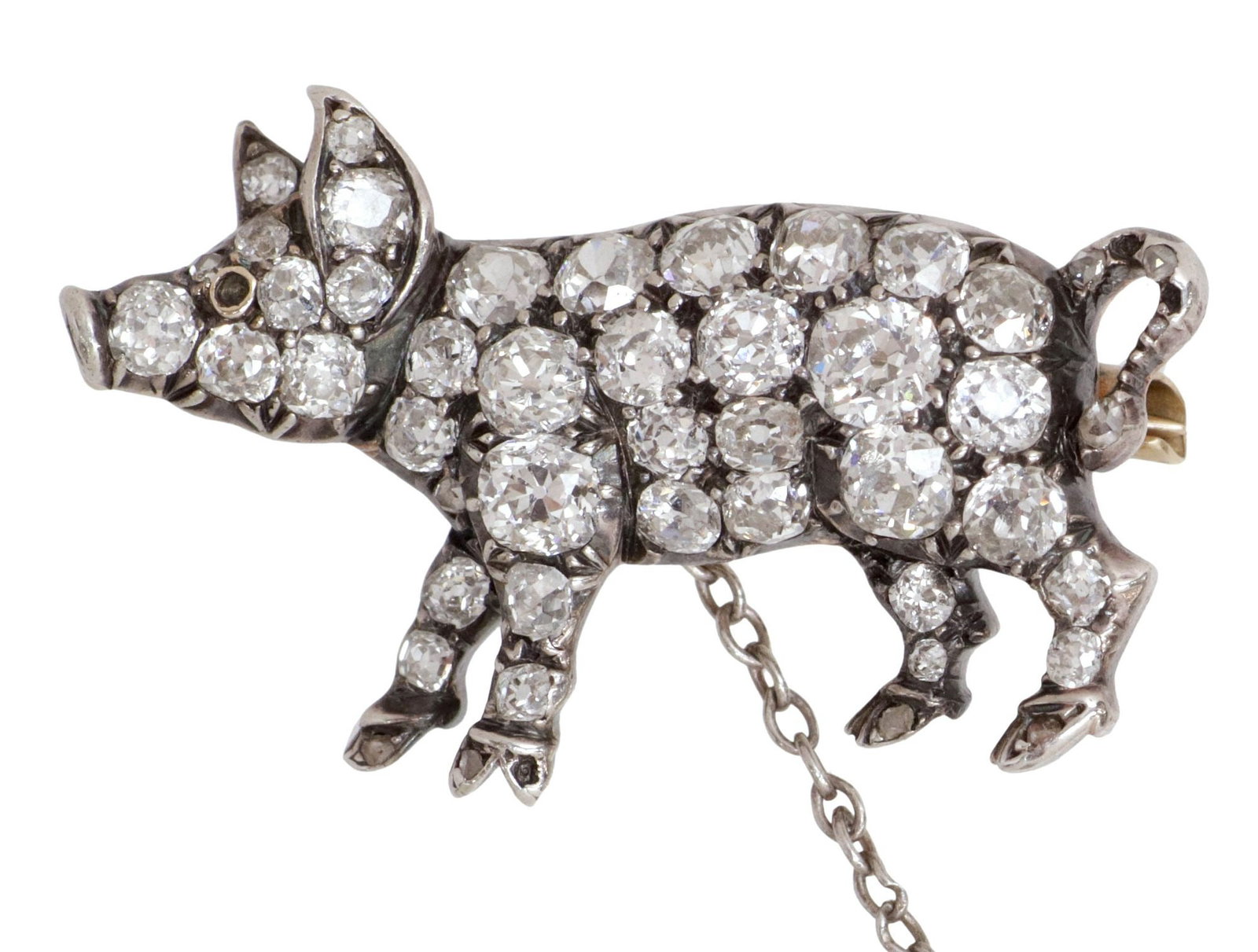 ESTATE ANTIQUE GEORGIAN PERIOD FIGURAL PIG FORM 1.60CTTW DIAMOND BROOCH: Estate Georgian period figural pig brooch, set with numerous small uncut Old Mine and European cut diamonds, approx 1.60cttw, average color: I-J, average clarity: I, with low carat gold (tested) bar, 