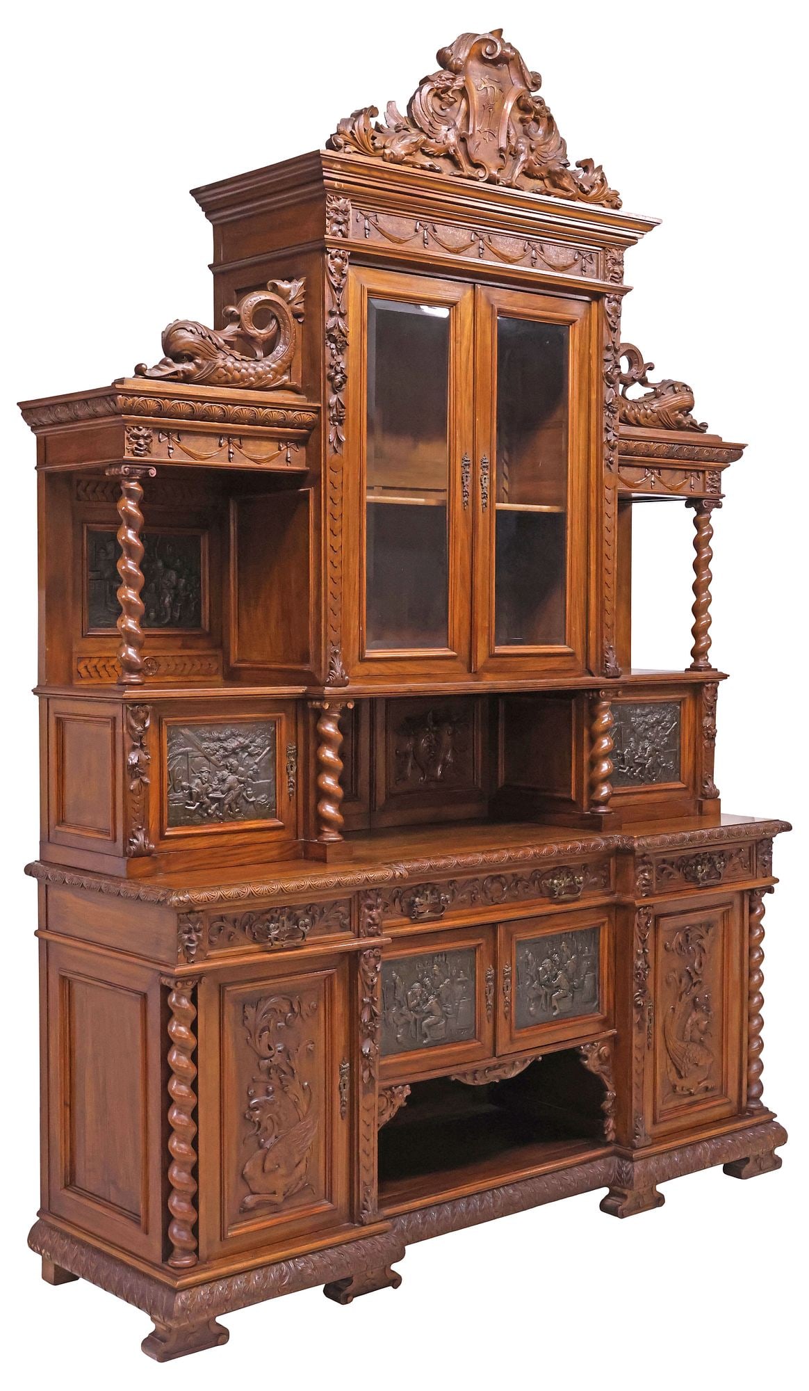 FINE ITALIAN RENAISSANCE REVIVAL BRONZE-INSET CARVED WALNUT SIDEBOARD, 120"H (1 of 12)