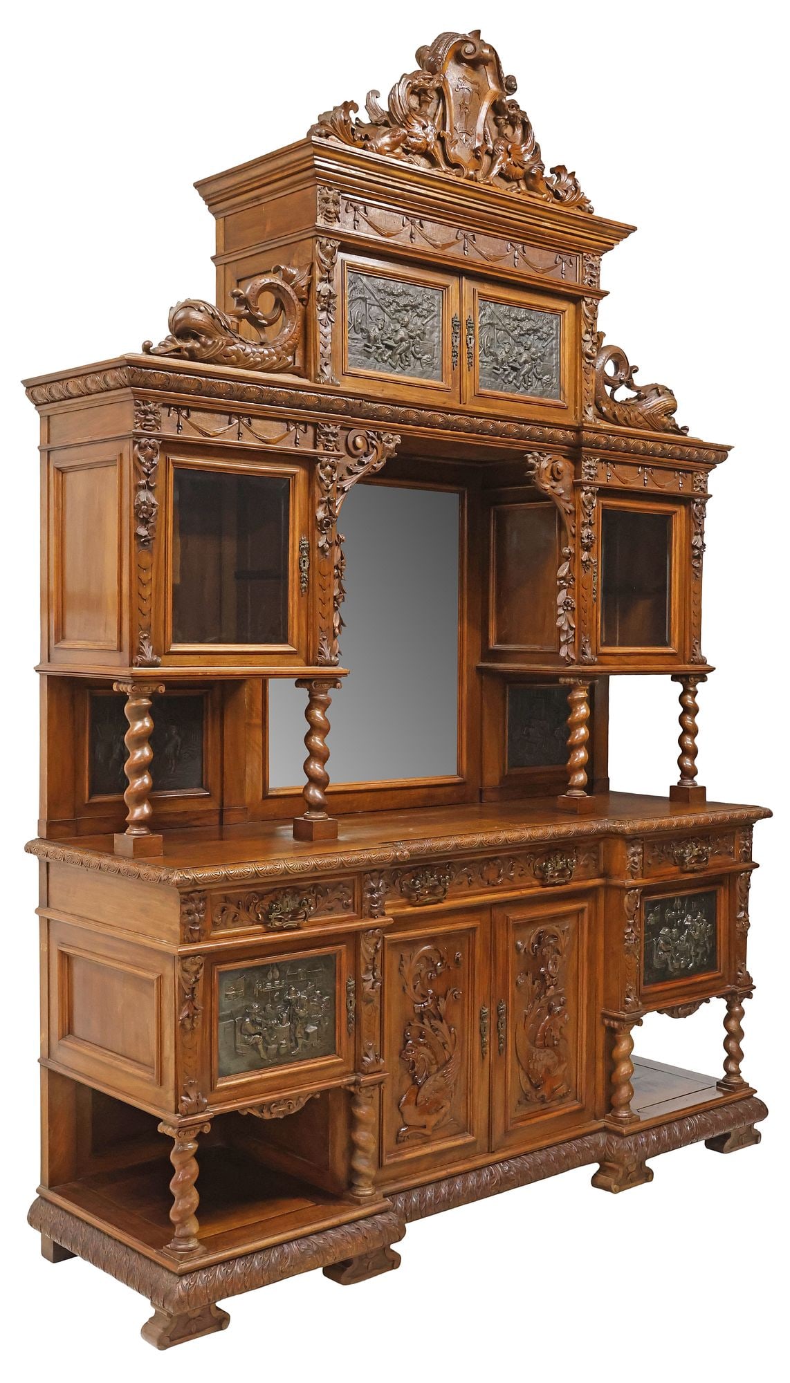 FINE ITALIAN RENAISSANCE REVIVAL BRONZE-INSET CARVED WALNUT SIDEBOARD, 120"H (1 of 10)